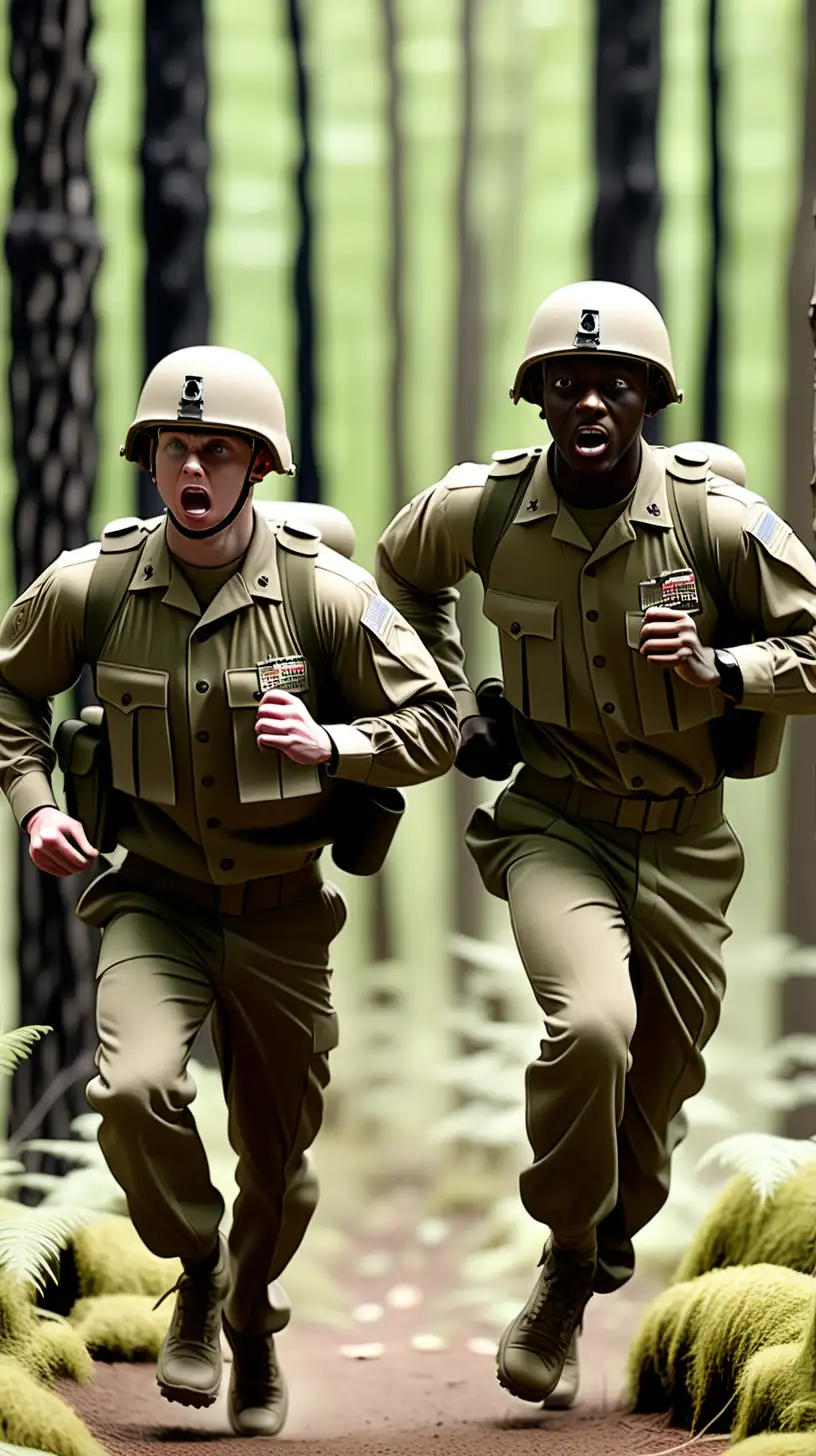two american soldiers running through a forest