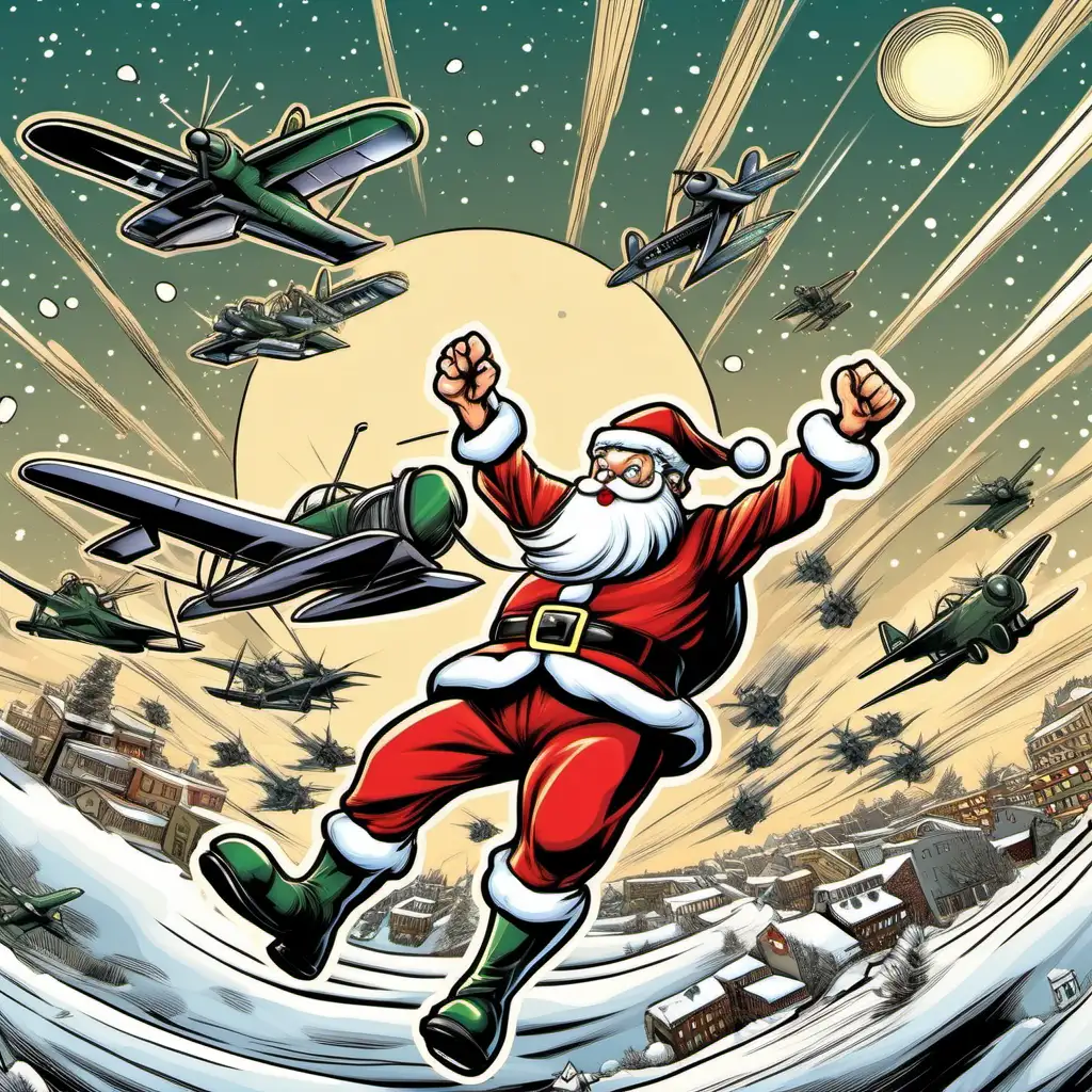 santa claus flying his sleigh surrounded by fighting planes (comic style)