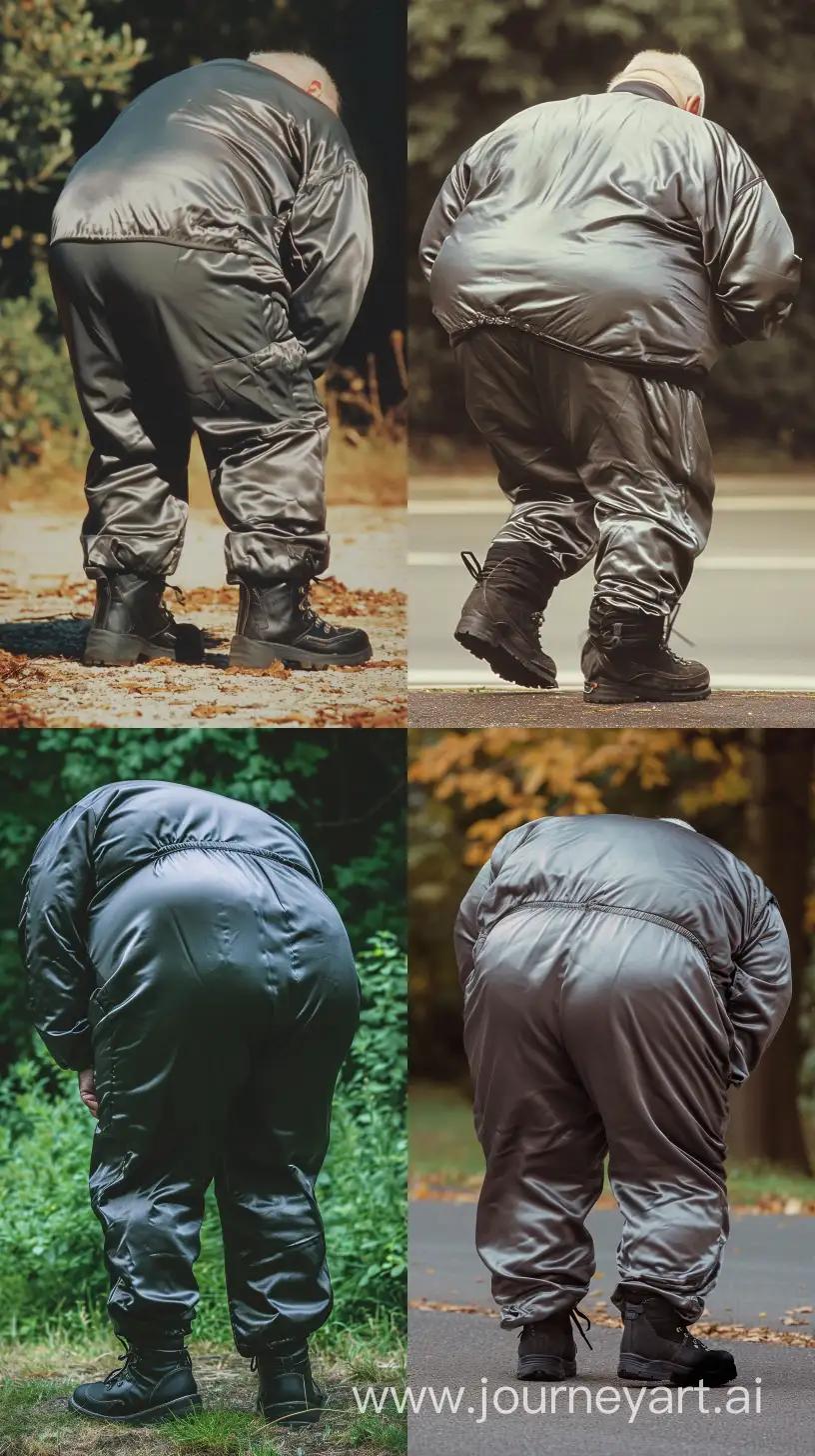 Back view magazine photo of a chubby man aged 70 wearing a silk dark grey tracksuit. Black Hiking Boots. He is bending over. Outside. --style raw --ar 9:16 --v 6