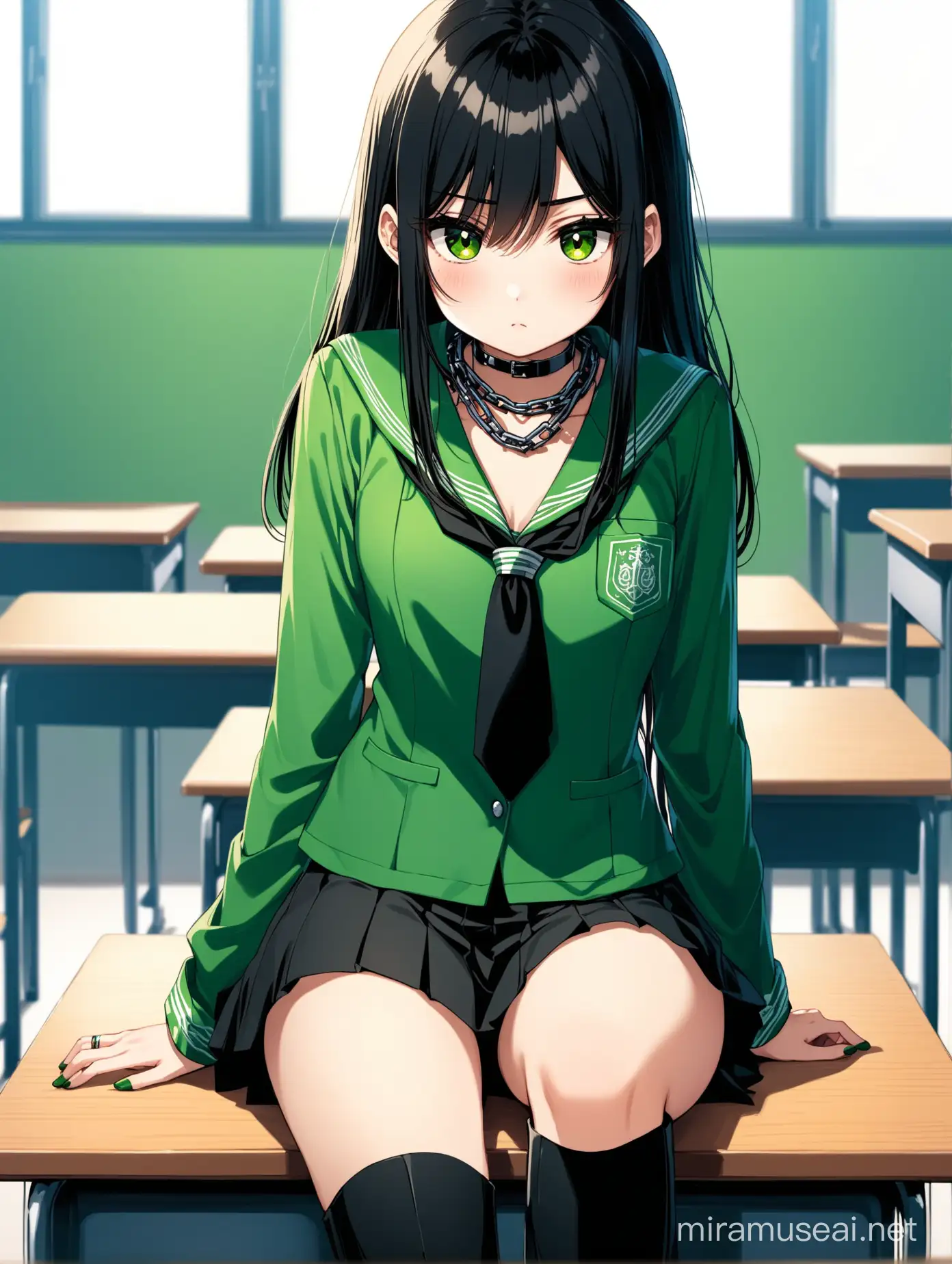 Teenage girl with mysturious personality, long black hair and big sharp black eyes, indifferent looks, she wears a green school uniform and sits at a table in the classroom. She wears a ring on her hand and a chain around her neck. She wears a green short skirt and black long black boot.