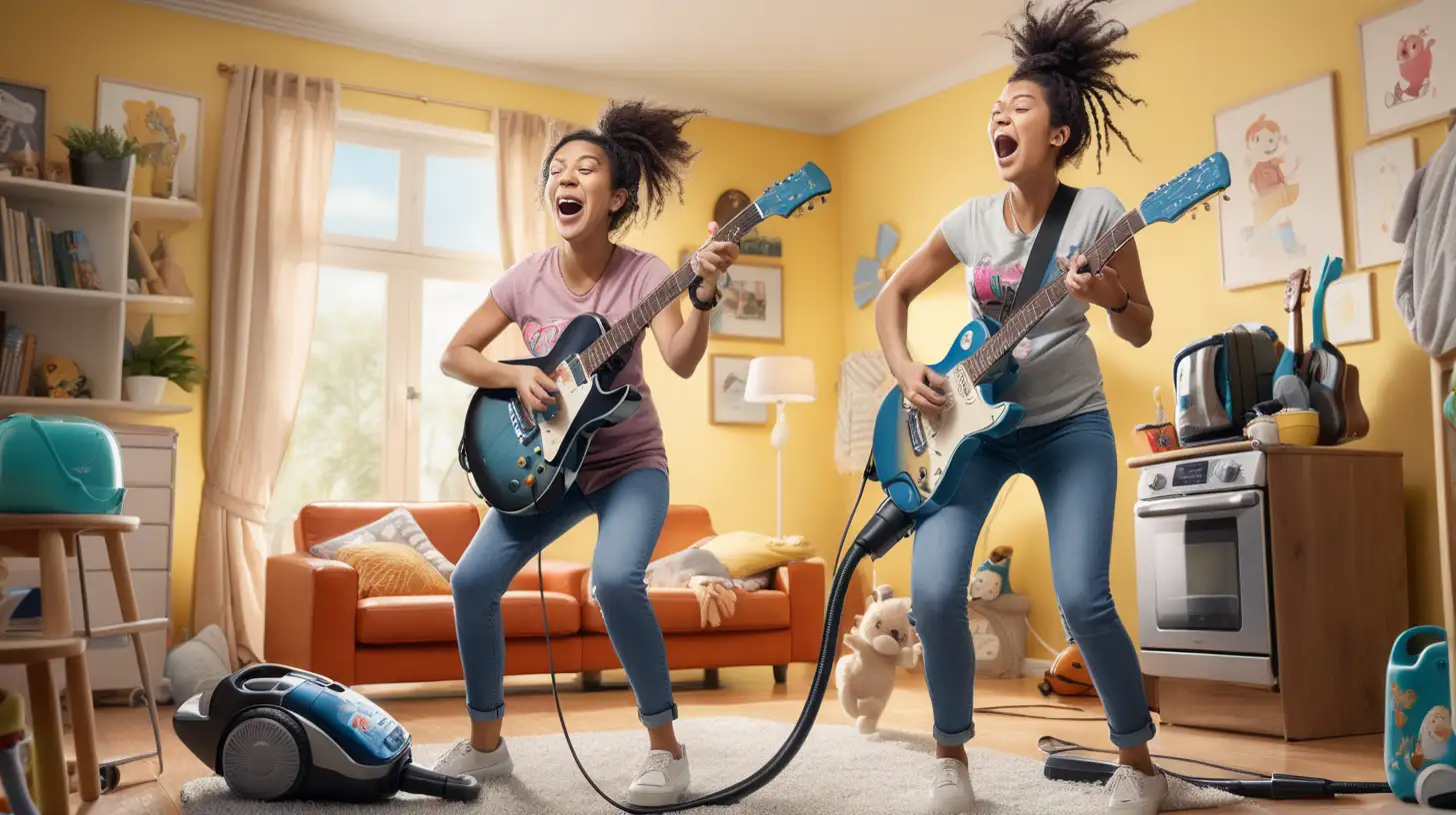Image of a young mum in her mid-20s standing in the center of a chaotic living room, holding a vacuum cleaner like a guitar and singing like a rockstar. The mum is dressed casually yet stylishly with her hair tied back in a messy bun. Her baby plays nearby. The atmosphere is lively and energetic, with vibrant colors and dynamic lighting to enhance the sense of movement and excitement. The mom's expression radiates empowerment and pride as she rocks out in her role as the reigning queen of household chores.