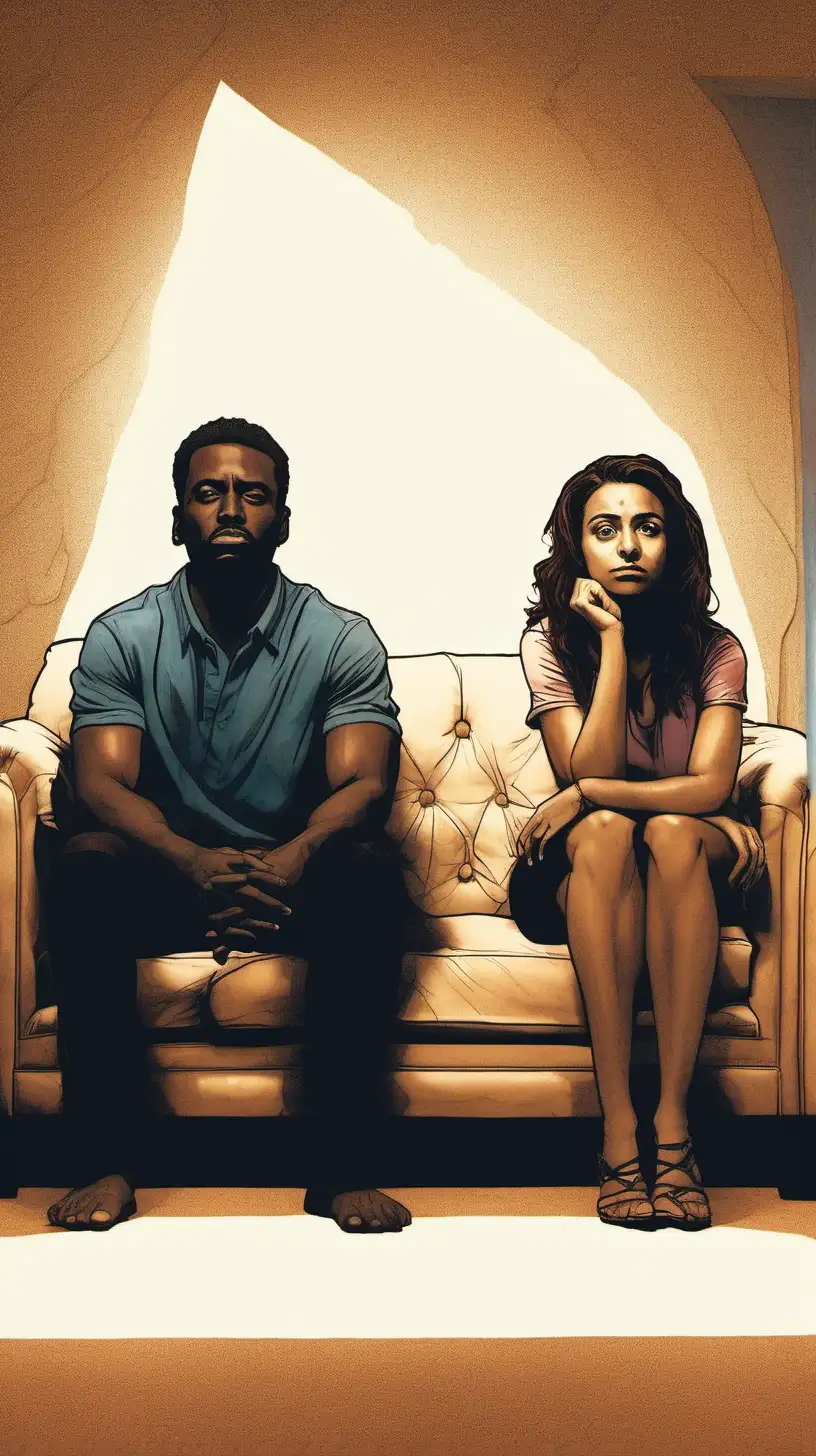 A Middle-Eastern woman and a Black man sitting on opposite ends of a couch, looking away from each other, with a visible emotional gap between them, in a room that's half lit to symbolize their fading connection.