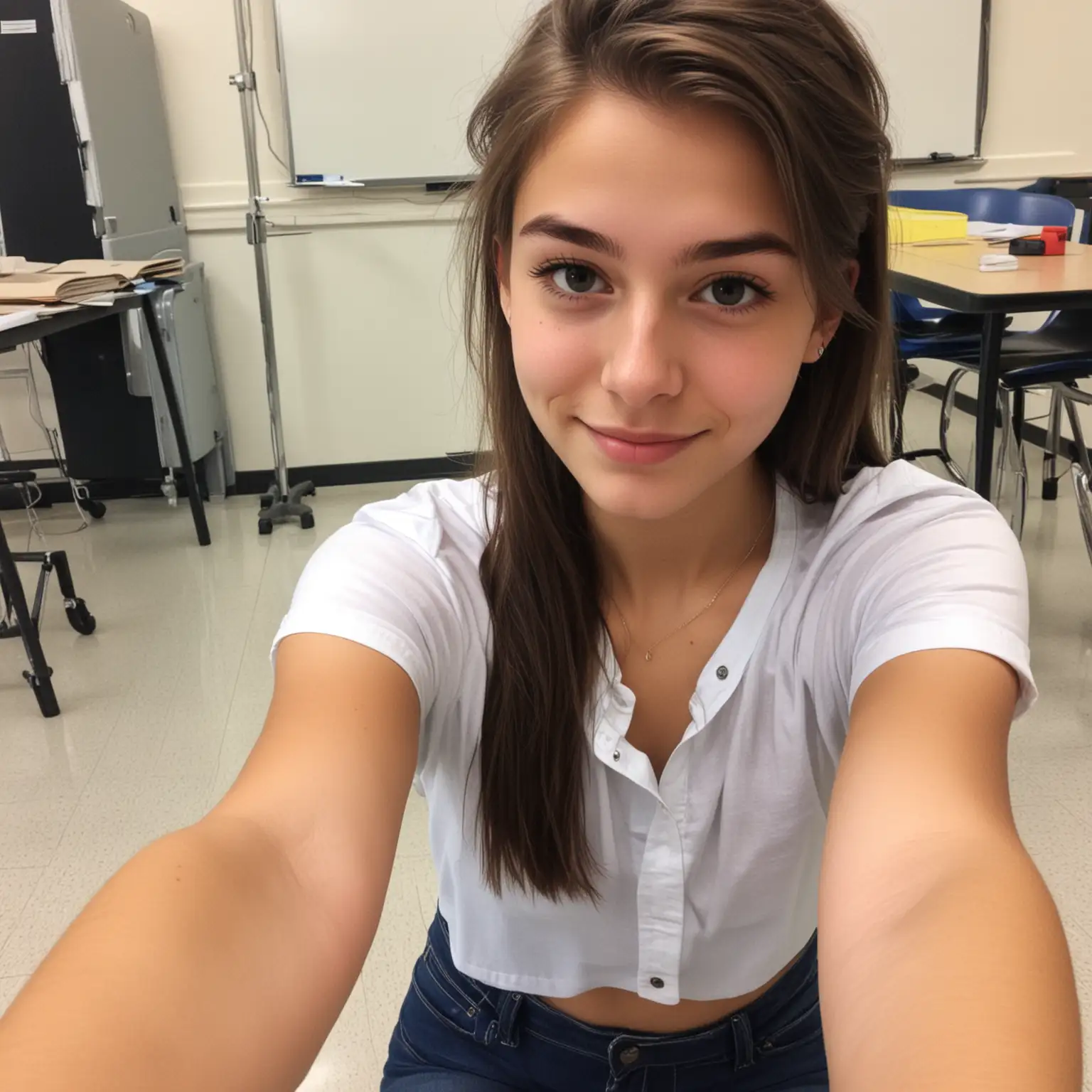 18 year old teen taking a selfie in class, low-cut shirt