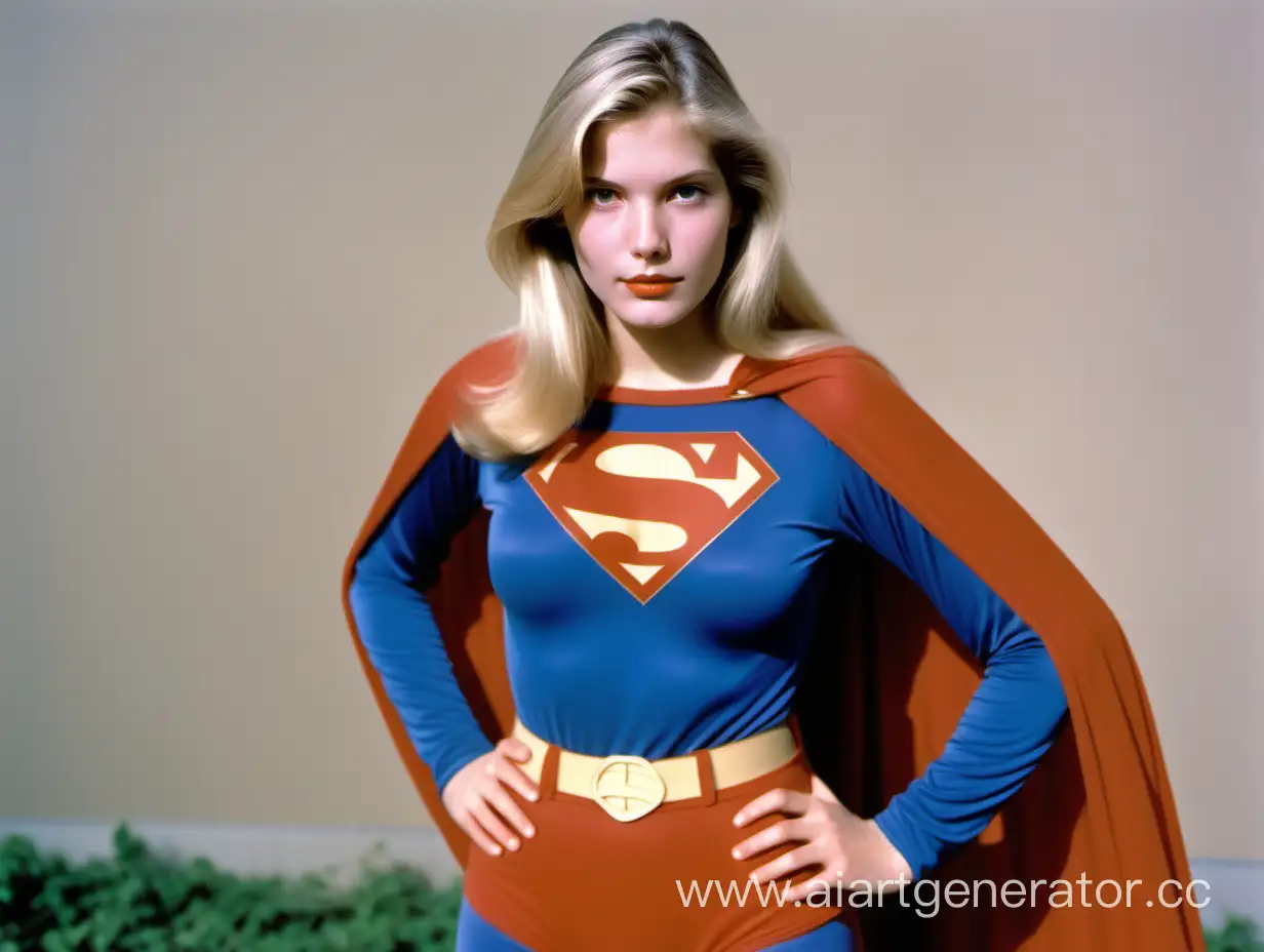 Mature Beautiful Teen Girl 18 Years Old with Blonde Straight Hair Wearing the 1978 Christopher Reeve Superman Suit