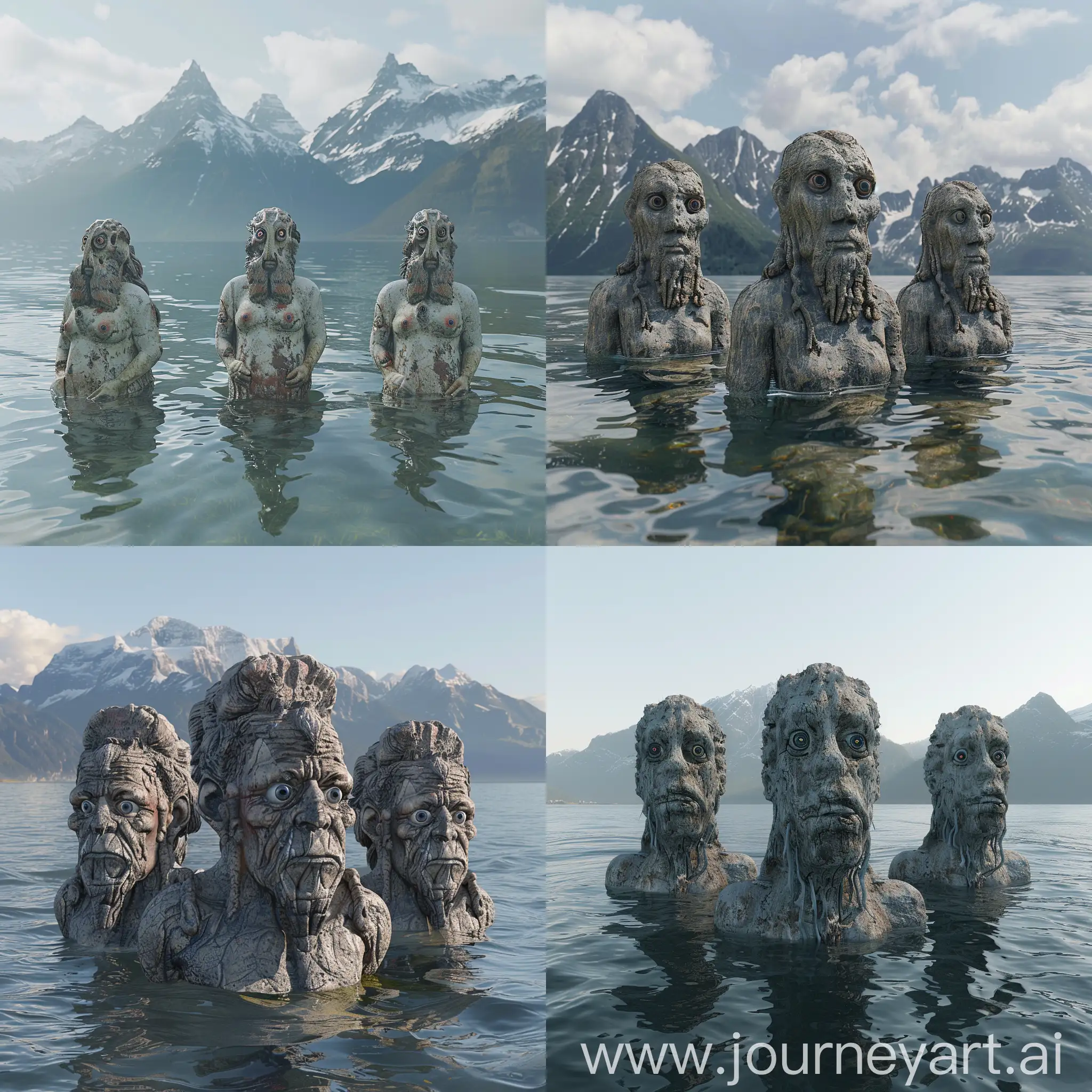 Three-Hairy-Neanderthals-and-Inuit-Heritage-Statues-by-the-Innsmouth-Ocean