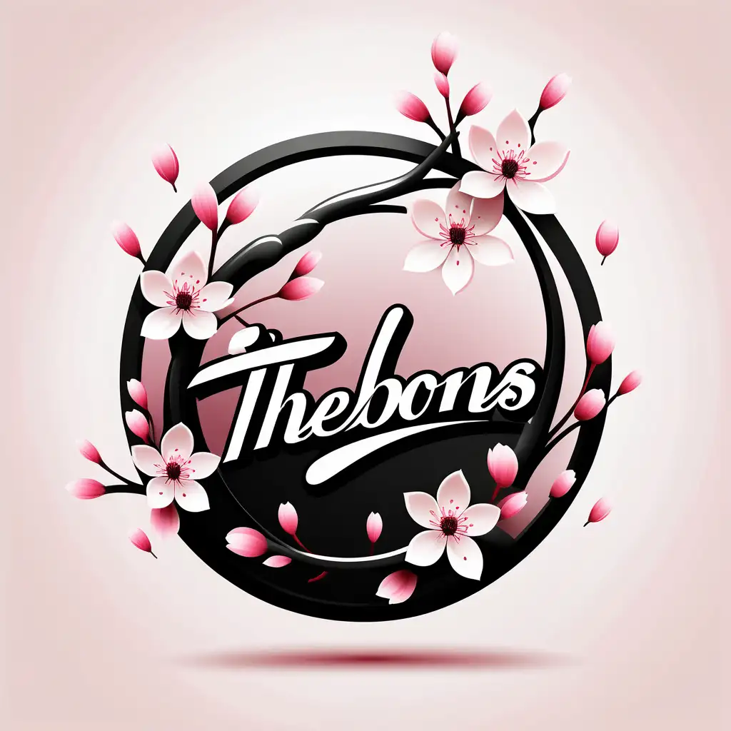 Design a round logo featuring the word TheBons in a cherry blossom theme, make sure the word TheBons is in the middle, use black and white colors, be futuristic and modern in details, make the word TheBons calligraphic 