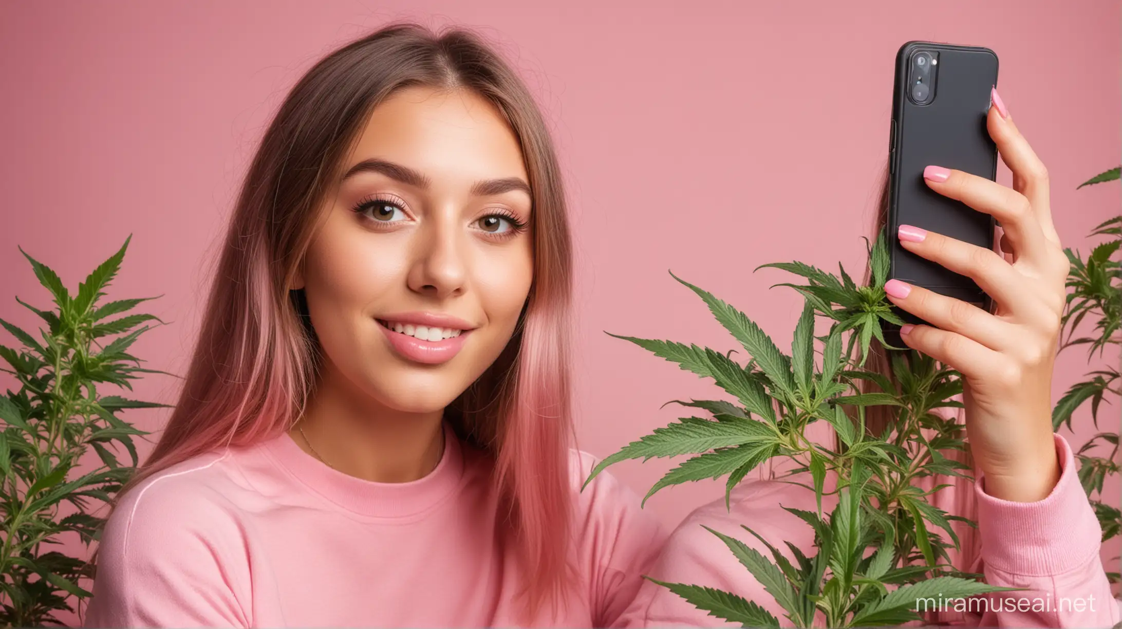 girl taking a selfie with Cannabis plant. using bubblegum pink and green in the photo