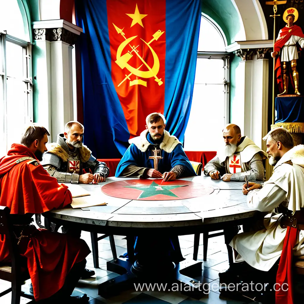 Король артур за круглым столом на котором нарисован Питербург с Советским флагом