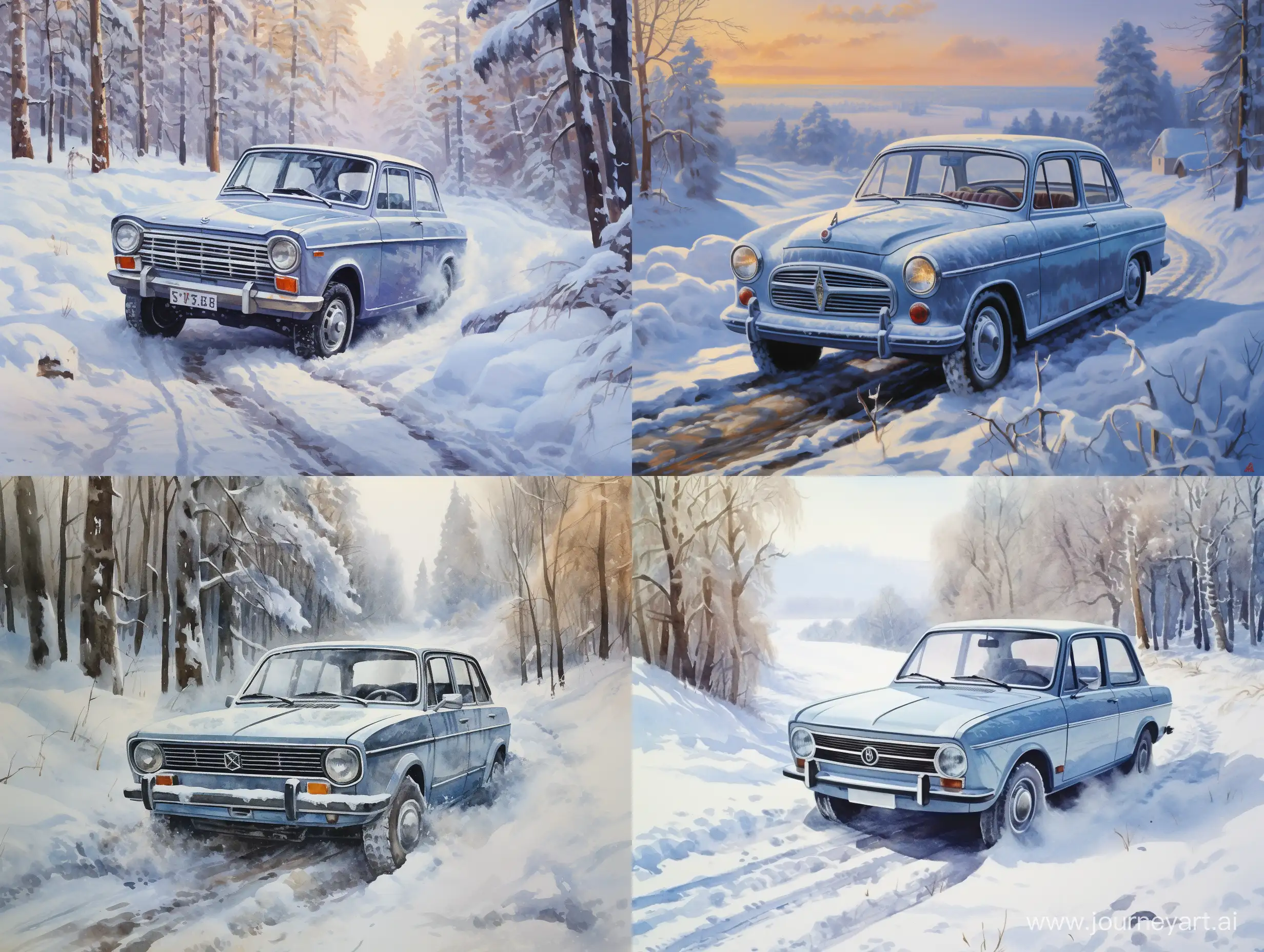 GrayBlue-Lada-Granta-Driving-on-Snow-Classic-Car-Winter-Scene