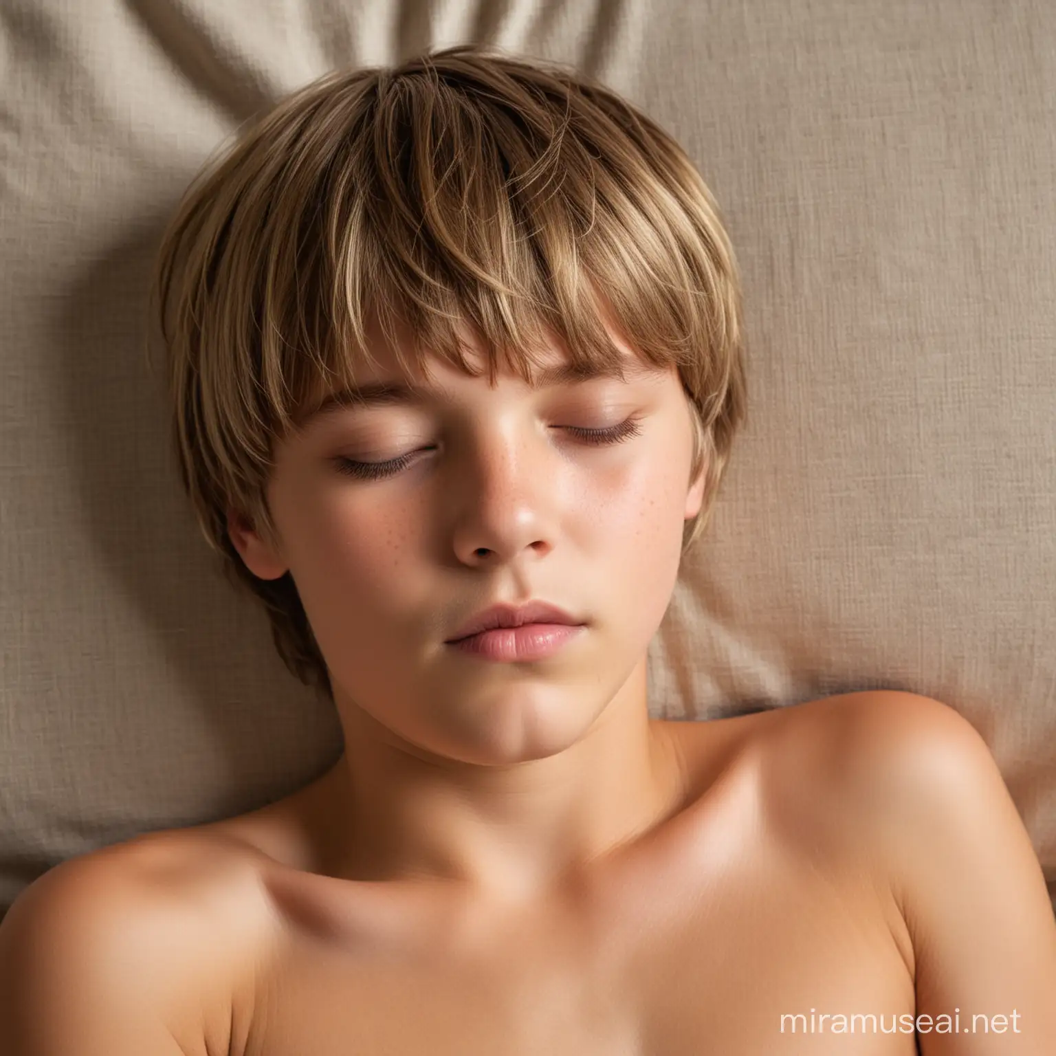 Ten year old sleeping boy, dark blond shiny hair with highlights, bowl cut, lying on side,  soft light overhead, shirtless