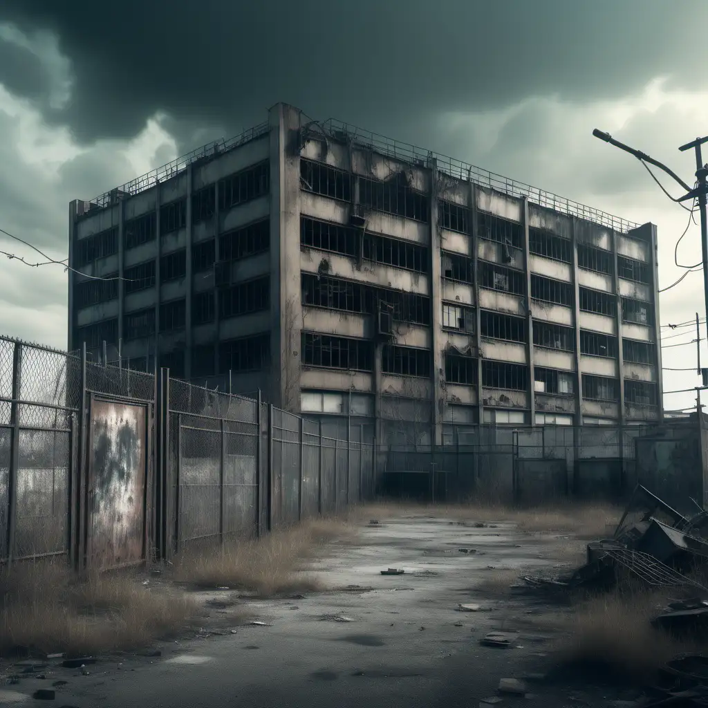 A faded picture of a post-apocalyptic mysterious lab in a deserted city. It has a fence around it.