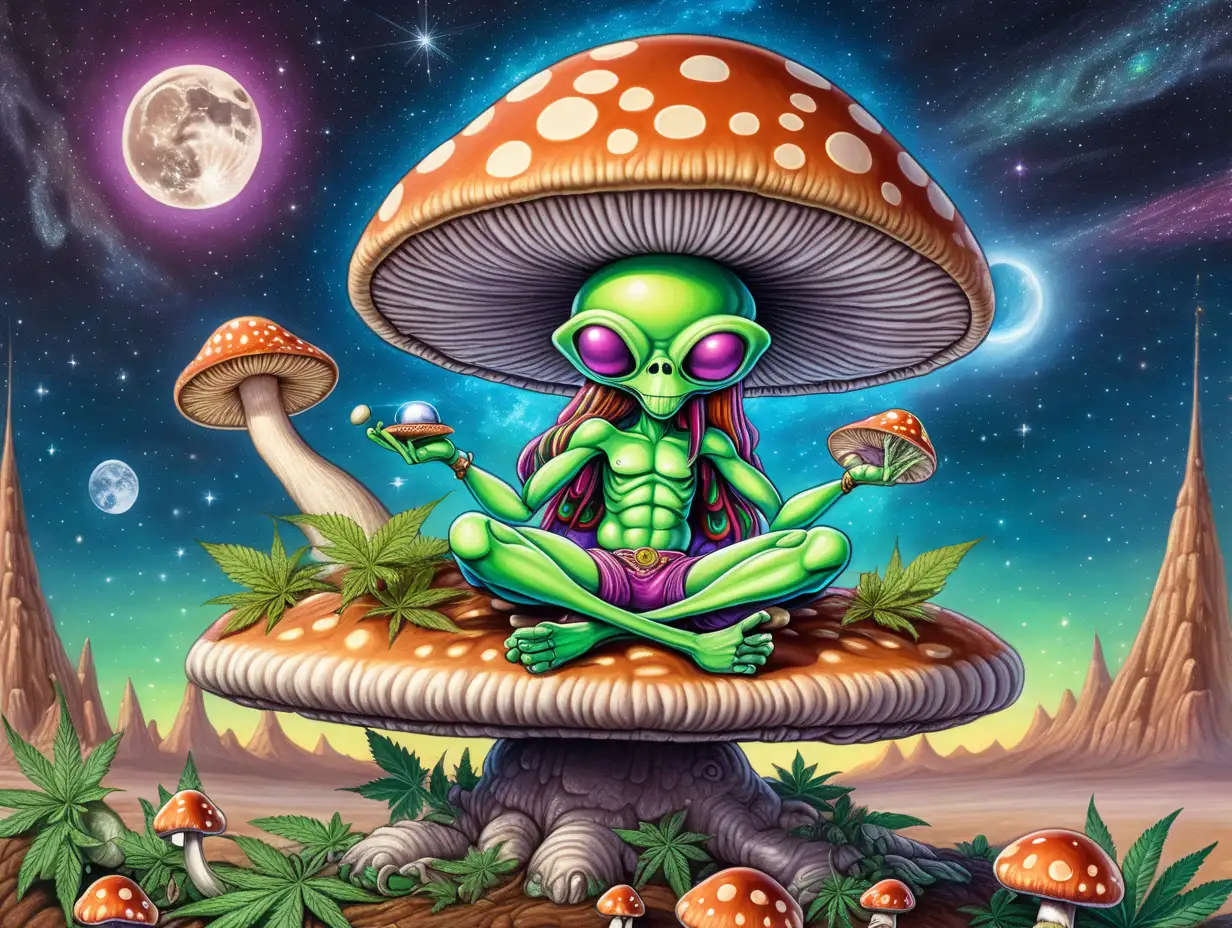 a hippie alien sitting crosslegged on top of a mushroom flying saucer; in space with bright planets and the moon in the background; cannabis and mushroom themed

