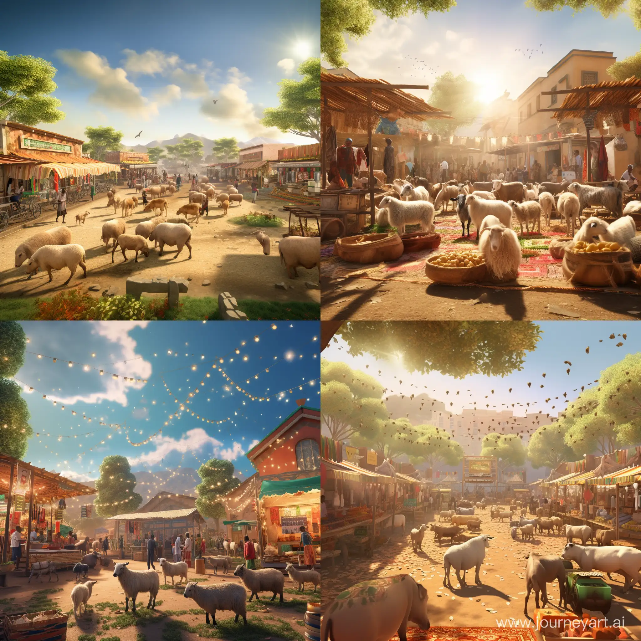 generate image of sheep, goat and cattle marketplace in stylish way they are laughing on buyers. The place is bright light and hot market in Ethiopia, 3d animation style