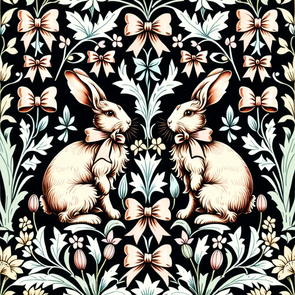 William Morris, Vintage Bunny with bows, pastels, seamless textile design, flat illustration, coquette aesthetic