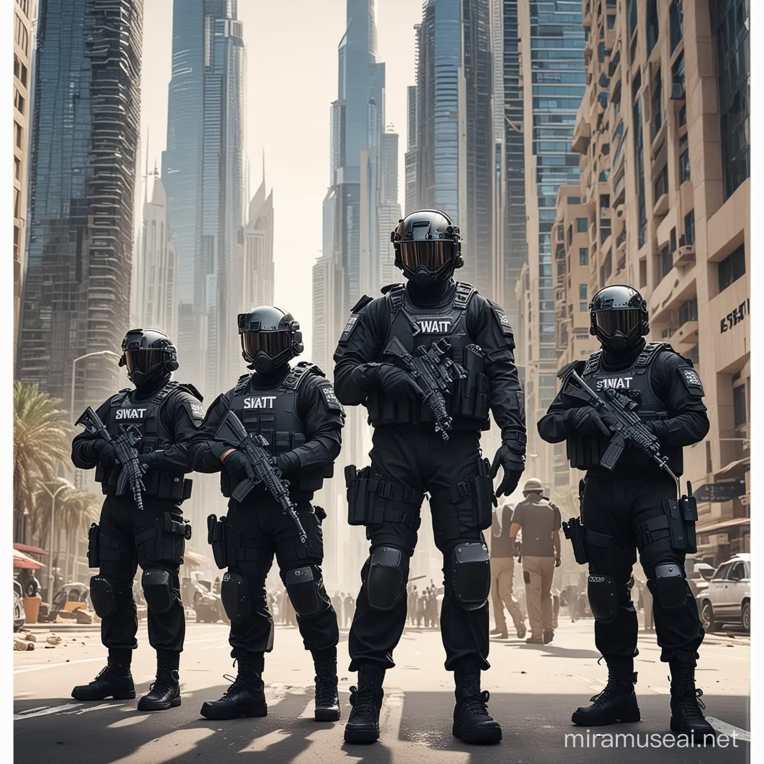 Futuristic Cartoon SWAT Team in DubaiStyle Skyscraper Cityscape | MUSE AI