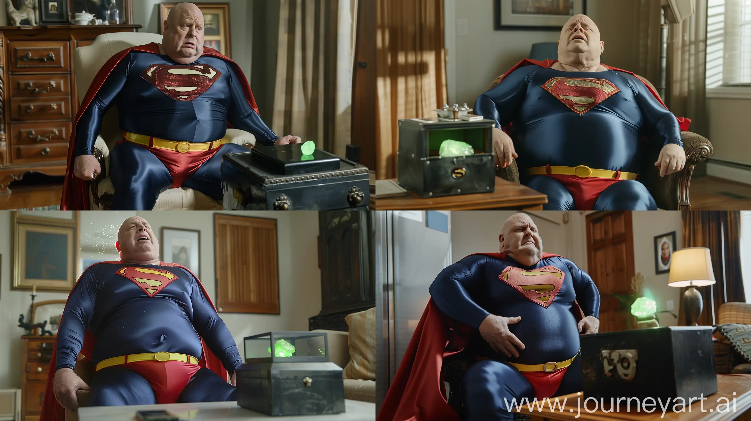 Front close-up photo of a very weak and tired fat man aged 60 wearing silk navy blue full superman tight jumpsuit with a large red cape red trunks, yellow belt. Falling from a chair. In front of a small black metal box placed on a table containing a small bright green glowing rock. Inside a living room. Bald. Clean Shaven. Natural light. --ar 16:9