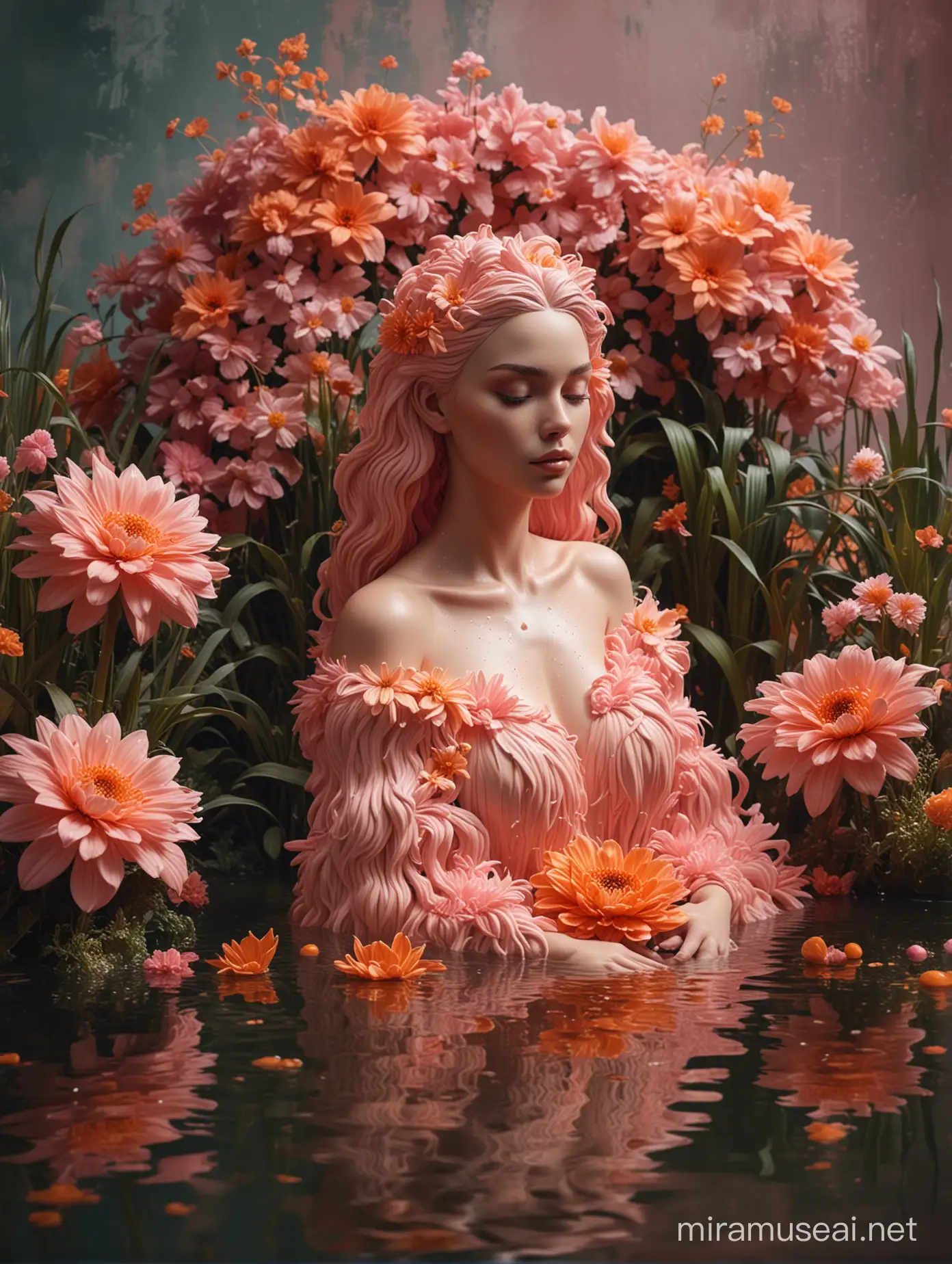 A human woman SCULPTURE, sat in the water, with water plants and flowers, watering her plants, with furry pink and orange, big fur flowers, abstract liquid melt background, high fashion, vintage photography, cinematic, soft fur