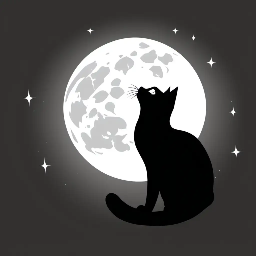 cat silhouette howling at moon, black and white, white background, vector art, png