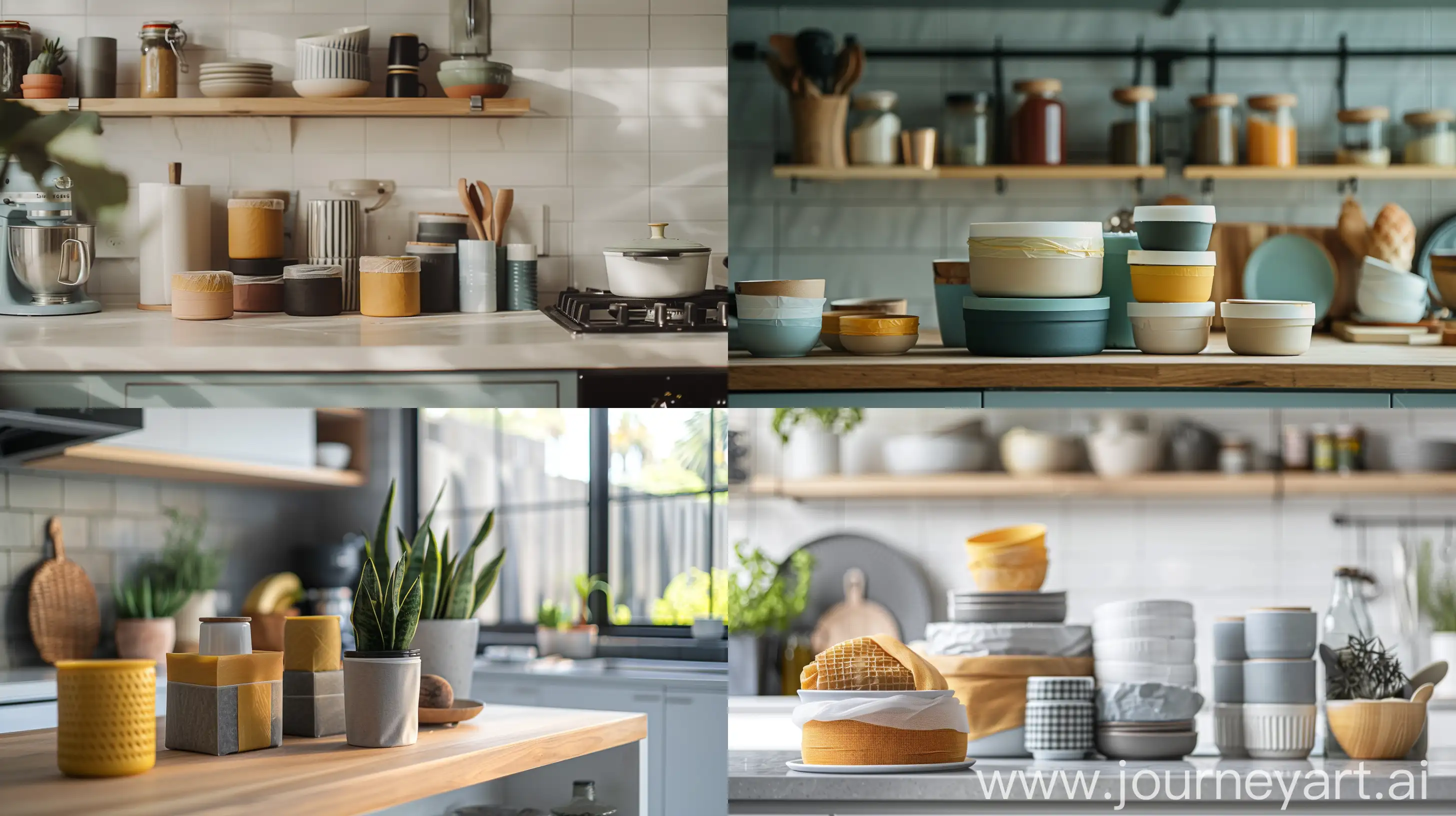 /imagine prompt: A modern kitchen with eco-friendly food storage containers transitioning from plastic wrap to beeswax wraps, highlighting the textures, colors, and details of the sustainable materials, Photography, DSLR camera with a macro lens (50mm), soft natural lighting, --ar 16:9