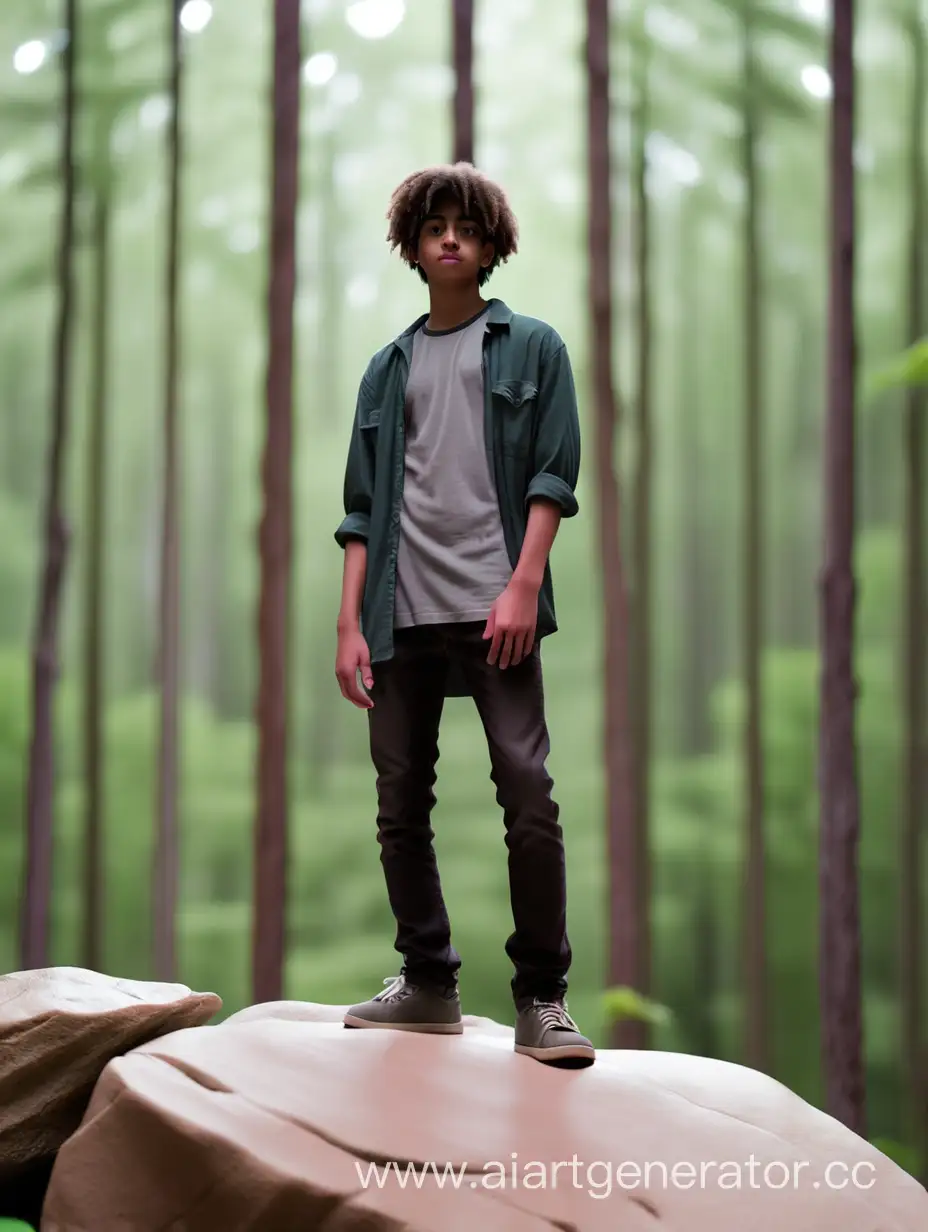 Молодой человек стоит на большой скале на заднем плане лес