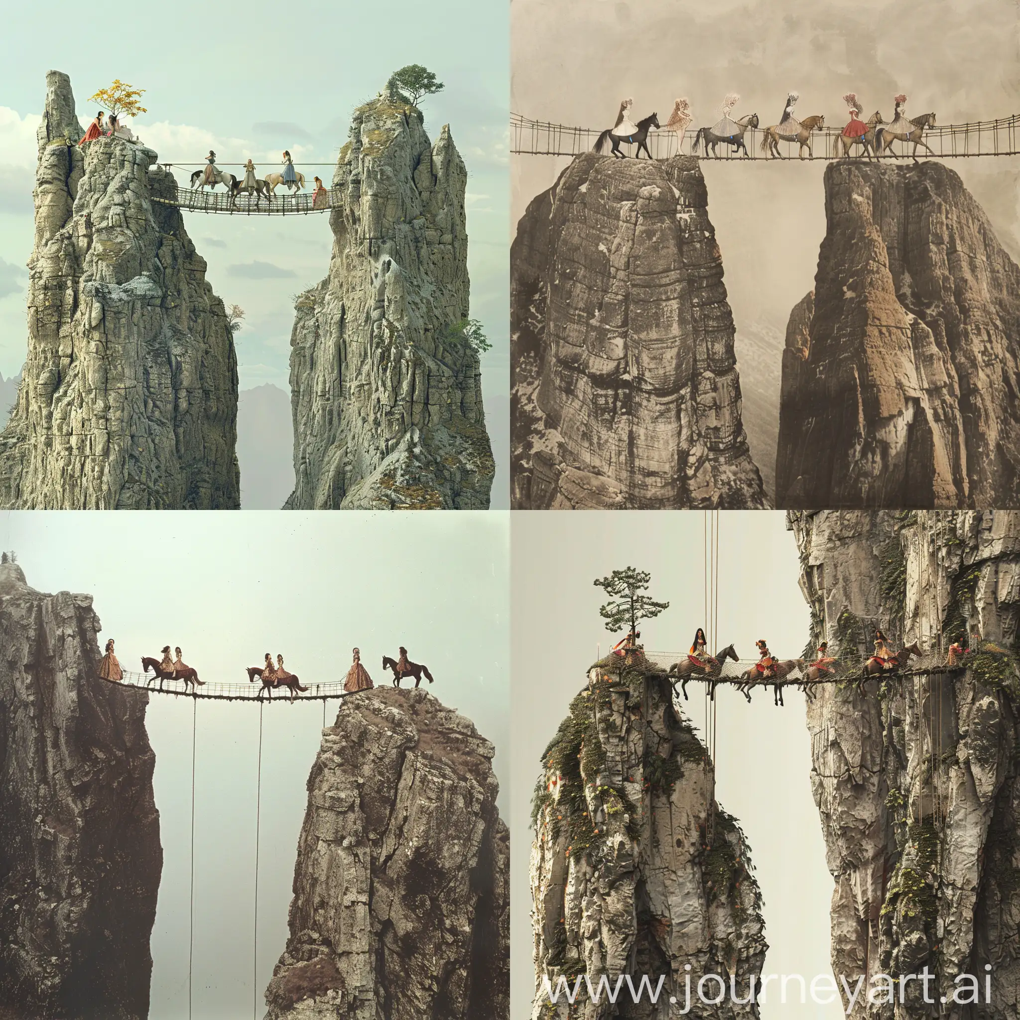 Suspended-Bridge-Between-Two-Majestic-Mountains-with-Graceful-HorseRiding-Maidens