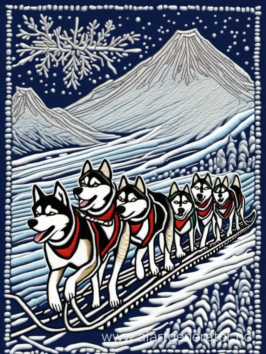 Embroidery-style drawing of dog sled racing, husky dogs, winter, volcanoes