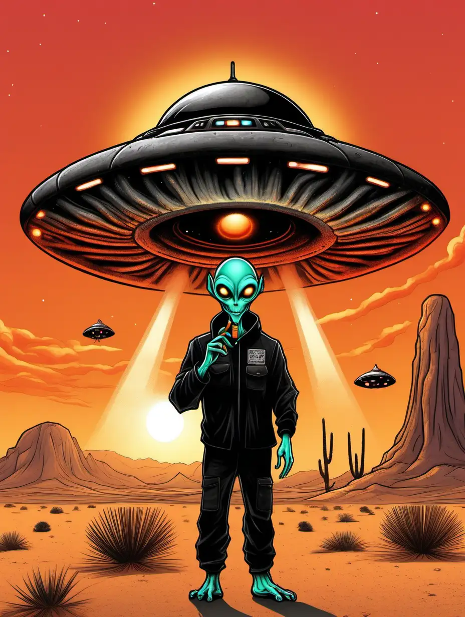 a happy alien wearing a black tee shirt is standing in front of his UFO smoking a cigarette. The background is desert and a bright orange sunrise.