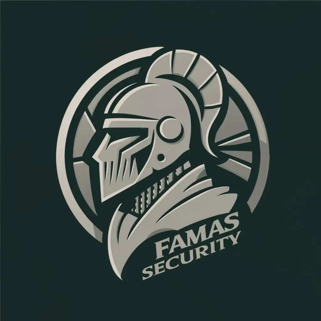 Logo of Modern knight face looking to the left incrusted in a circle, looking like a coin. black and white or gray colors only. can FAMAS SECURITY be added to., with the text ".", typography, be used in Internet industry