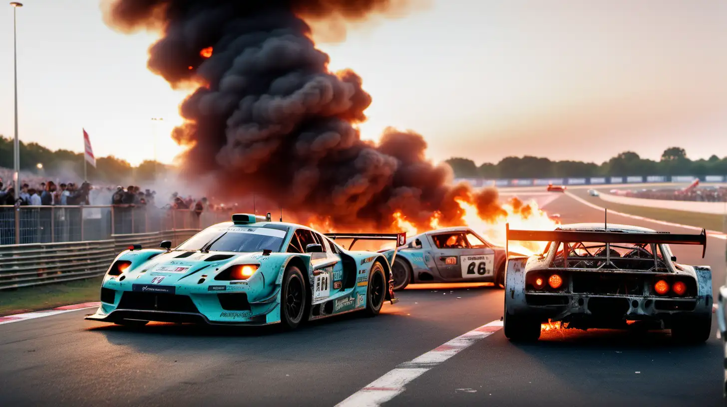 pastelpunk style, racing circuit and Lemans 24 hours race, two cars crashed into barriers, burning car, sunrise, eye level photo --ar 16:9