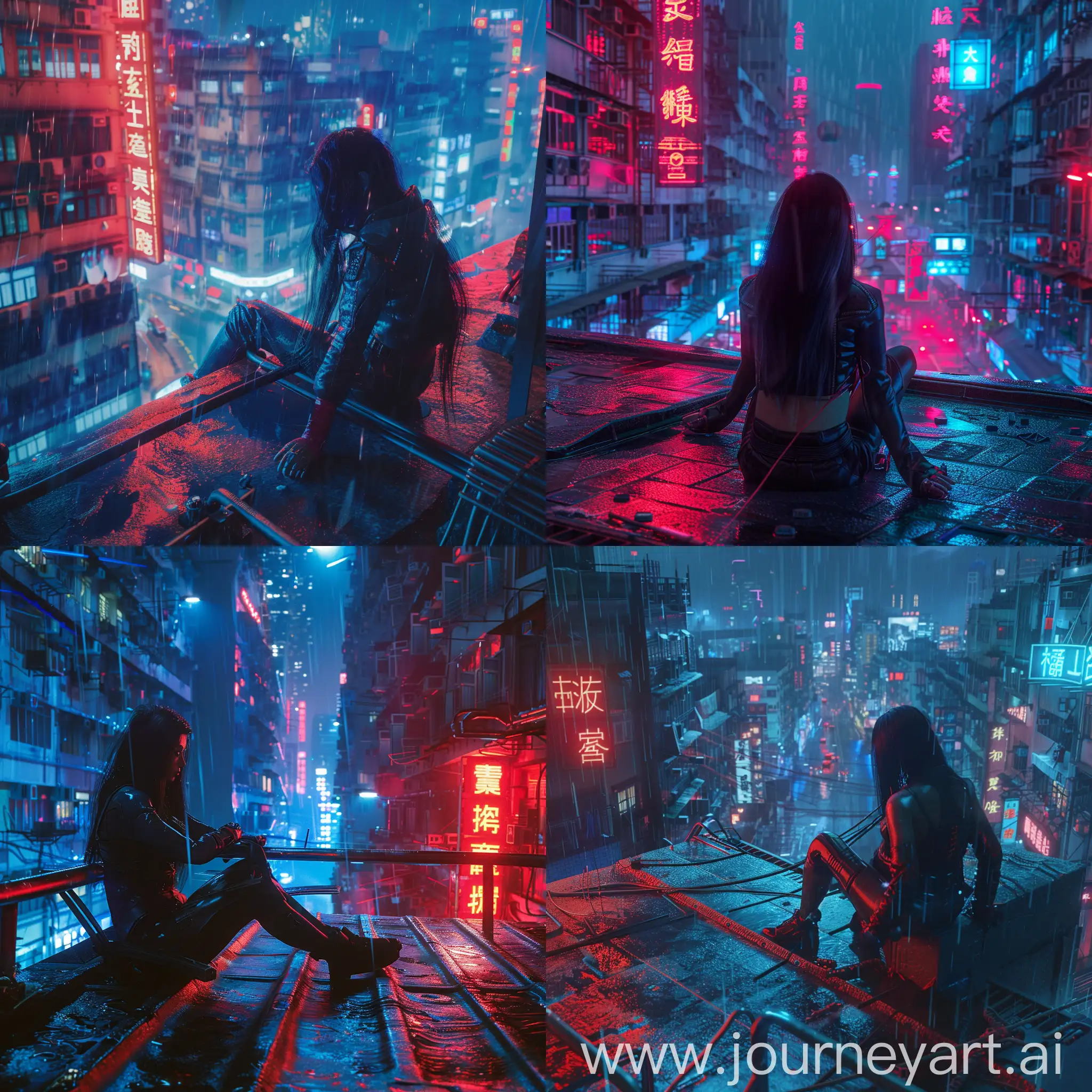 

Cyberpunk female assassin sitting on rooftop, neon city lights, futuristic Hong Kong, rain-slicked streets, red and blue lighting, highly detailed, photorealistic, cinematic dramatic lighting, 8k resolution

