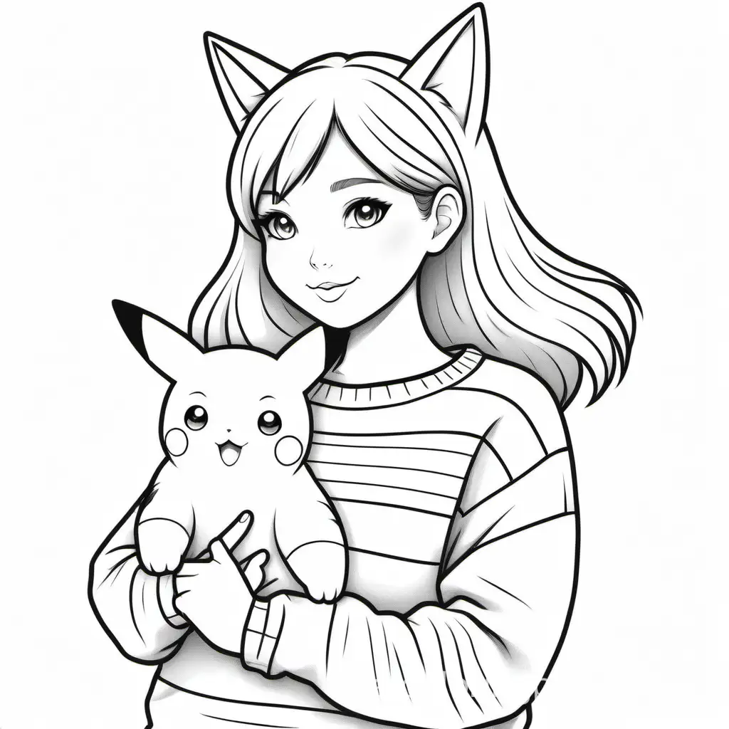 a women wearing a cat sweater and holding a pikachu, Coloring Page, black and white, line art, white background, Simplicity, Ample White Space. The background of the coloring page is plain white to make it easy for young children to color within the lines. The outlines of all the subjects are easy to distinguish, making it simple for kids to color without too much difficulty