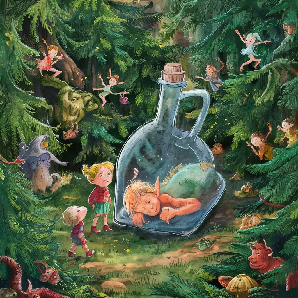 In the original forest, there are denseevergreens, and the forest is full of elves and sprites, One Sprite is sleeping in an old glass bottle. A 5 year old girl and 2 year old boy find the bottle. They cannot see the mischievious sprint as he is invisible