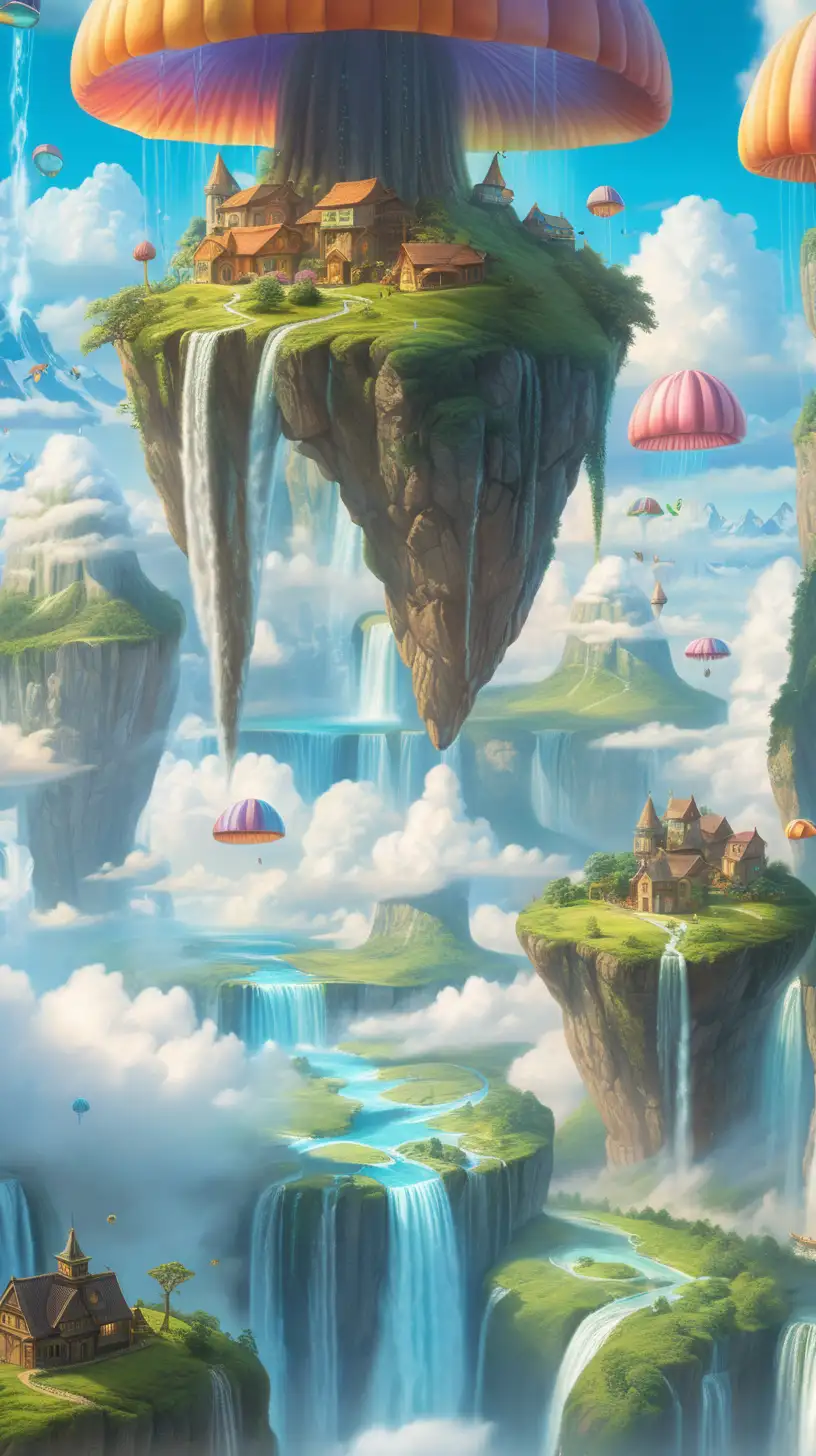 Majestic floating islands in the sky, with waterfalls cascading down into the clouds, and strange, colorful creatures flying between them.