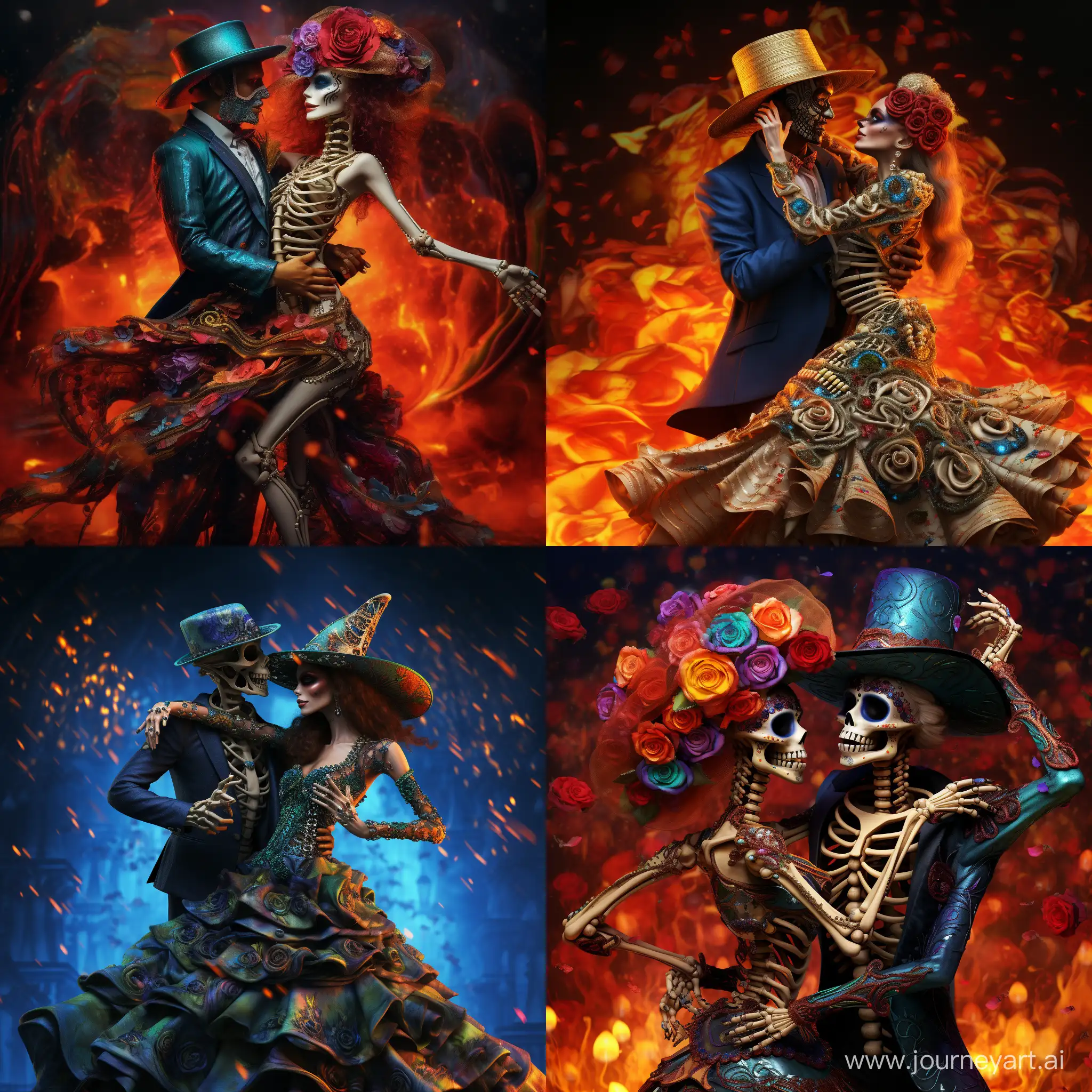 photorealistic final render of an epic full body of two skeletons, a male and a female, dancing, with the male wearing a suit and tophat on fire, and the female wearing formal hair and a burning gown, organic tracery, LSD trip, vivid colors mixed with chiaoscuro, deep colors, glitter, 16k resolution photorealistic, masterpiece, breathtaking intricate details, realistic and lifelike cgi diorama, dramatic natural lighting, reflective catchlights, high quality CGI VFX fine art--ar 2:3 