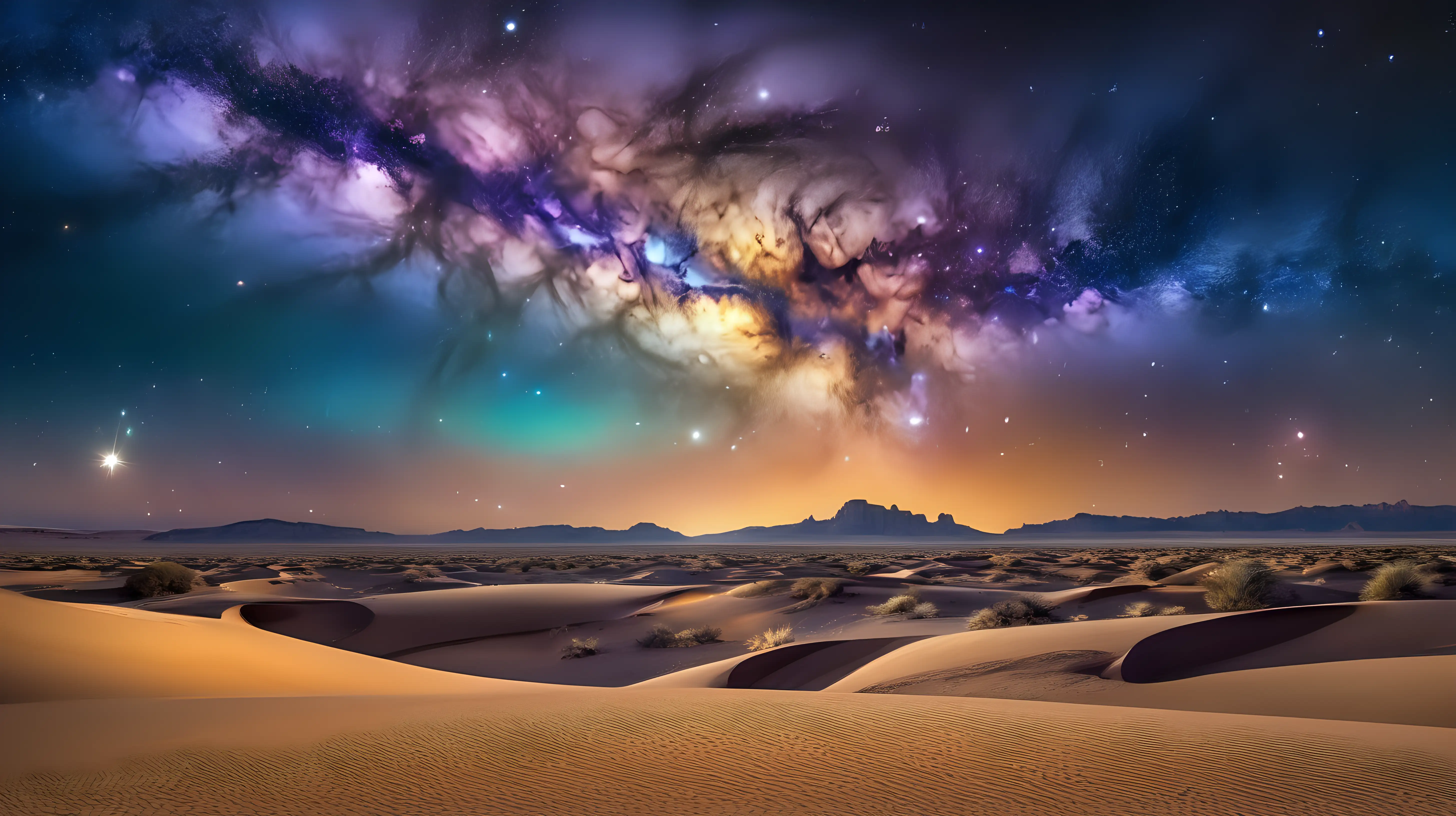 A mirage of a celestial phenomenon, where the desert sky is filled with swirling galaxies and shimmering stars, creating a psychedelic vision of the universe suspended above the sands.