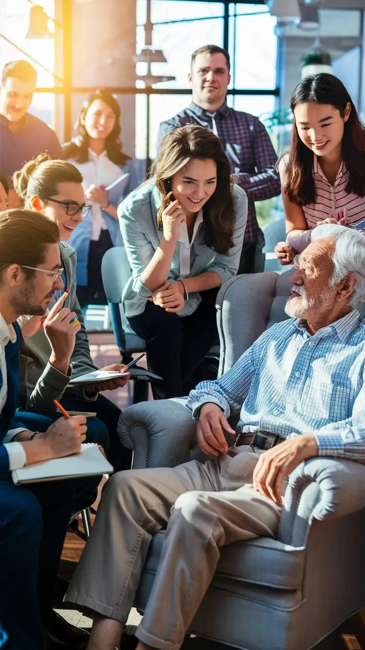 A young company employees discuss with old man 