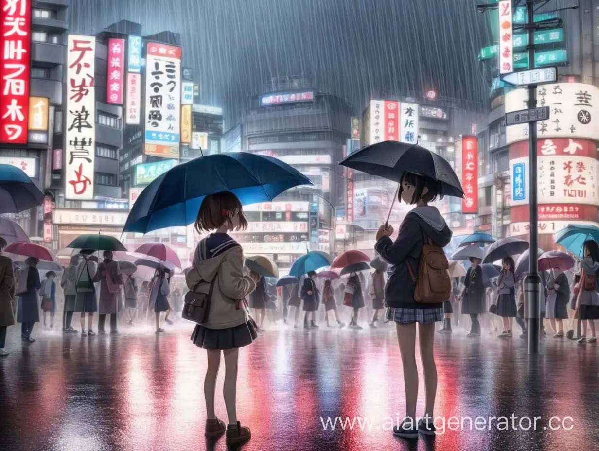 #Anime. There is a beautiful girl standing in the center of Tokyo. Her back is turned. She's holding an umbrella. There are a lot of people around her. It's raining.