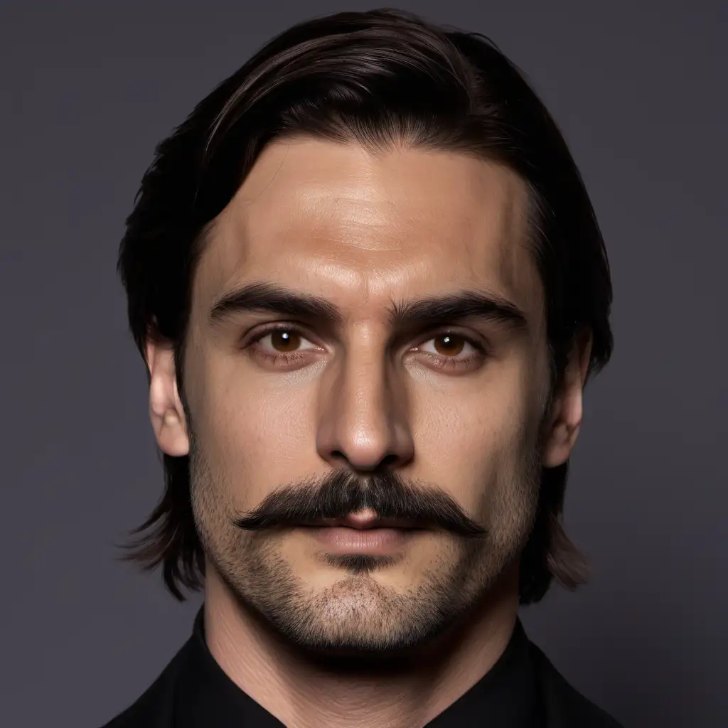 The man in the image has a medium-length, center-parted hairstyle that appears to be quite thick and straight, in a dark brown colour. He has a well-defined jawline with a short beard and moustache, giving a slightly rugged look. His skin tone is fair. The man's eyebrows are full and well-shaped, and he has a straight nose.