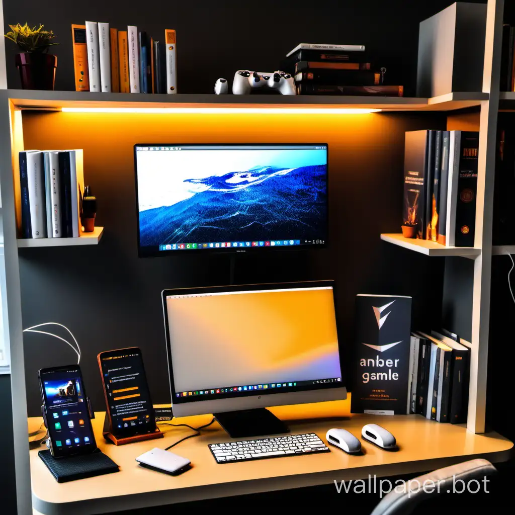 angular developer, workspace, lighting setup, earbud, android phone stand, 3 books on bookshelf, samsung monitor, gaming laptop, amber theme
