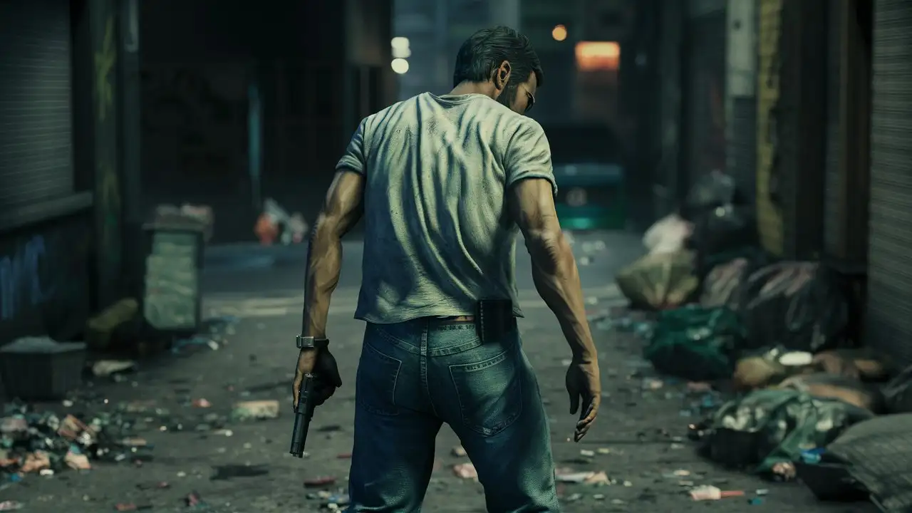 indian man wearing jeans and t shirt, gun in hand, shot from behind, hyper detailed, crime scene
