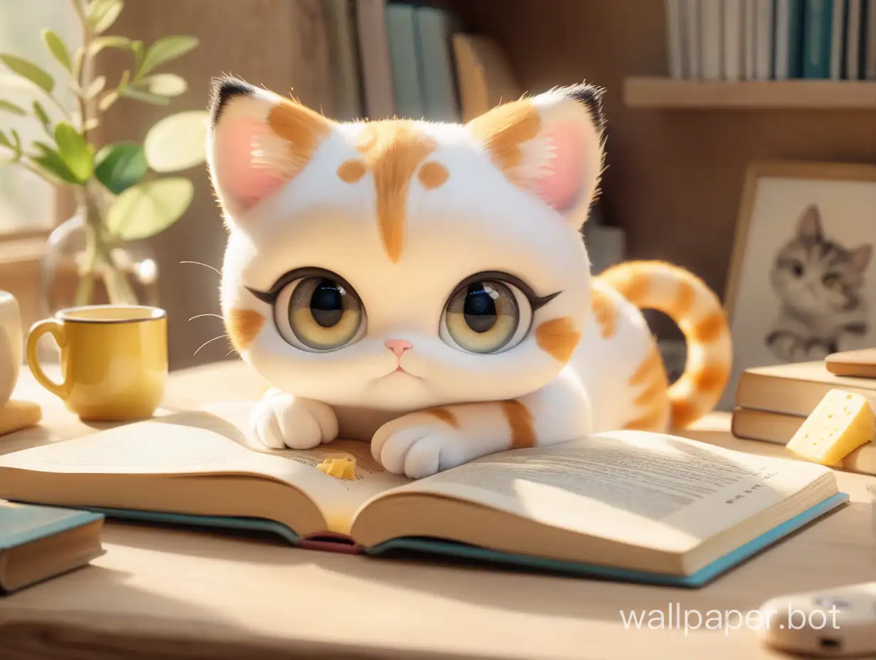 Super cute short cheese cat, small cute body, bright big eyes, wearing small eyes, lazy reading on the desk, lazy, cozy facial expression, delicate, delicate, incredibly high detail, bright colors, natural light, warm interior, rendering