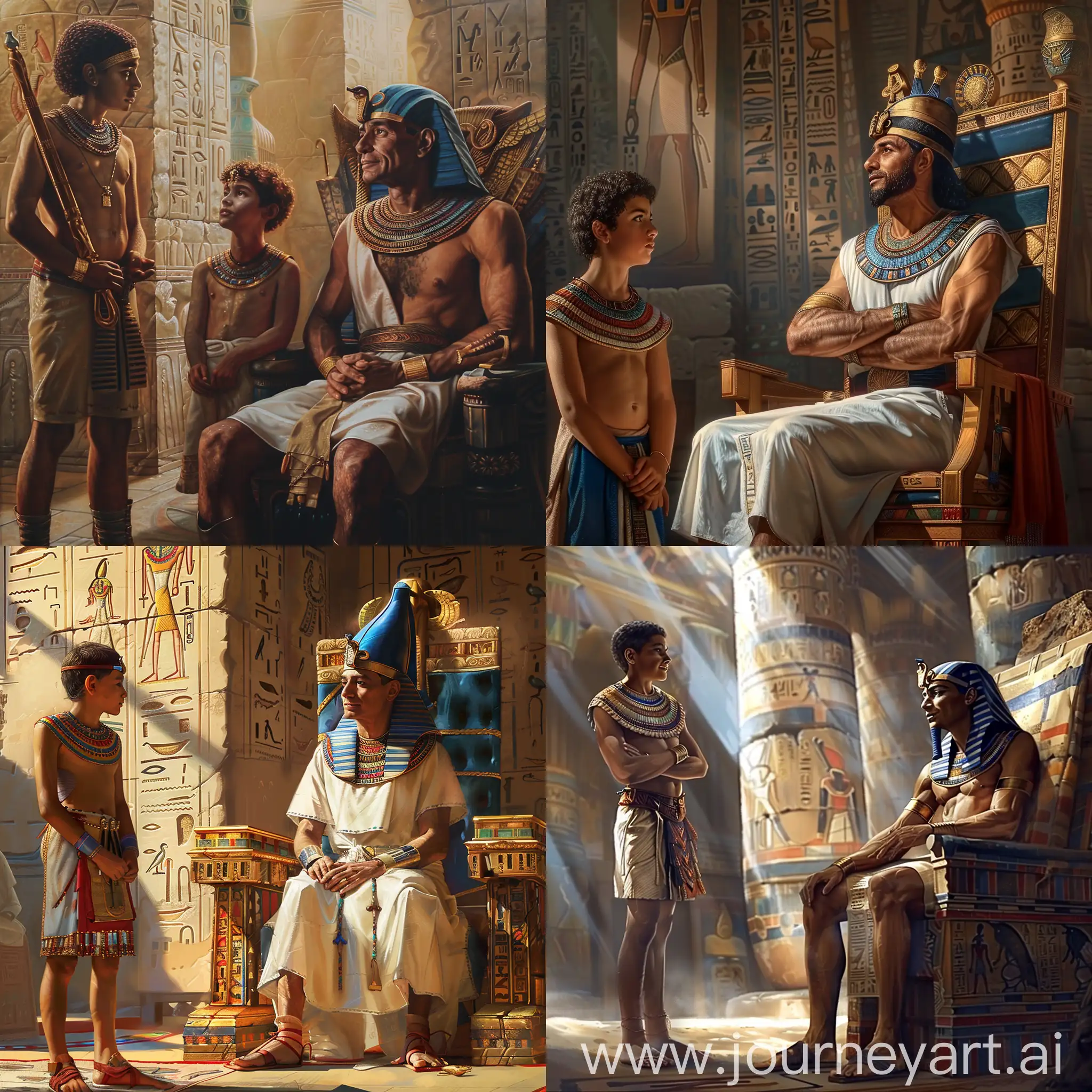 Ancient Egypt, the ancient Egyptian pharaoh sits in the throne room and looks at his son, who stands before him in a proud pose, photorealism, hyperrealism --v 6 --ar 1:1 --no 87144