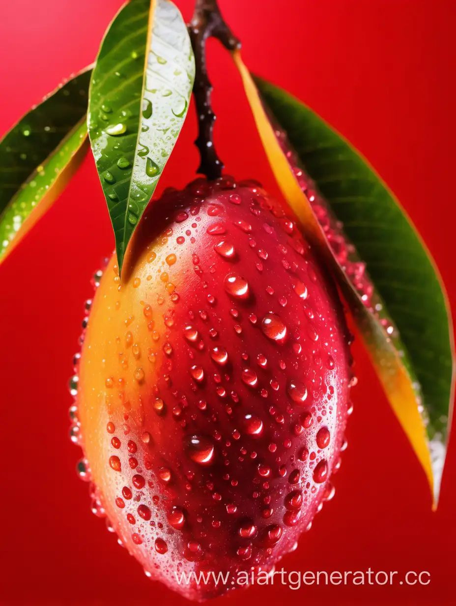 Vibrant-African-Mango-with-Red-Background-and-Glistening-Water-Drops