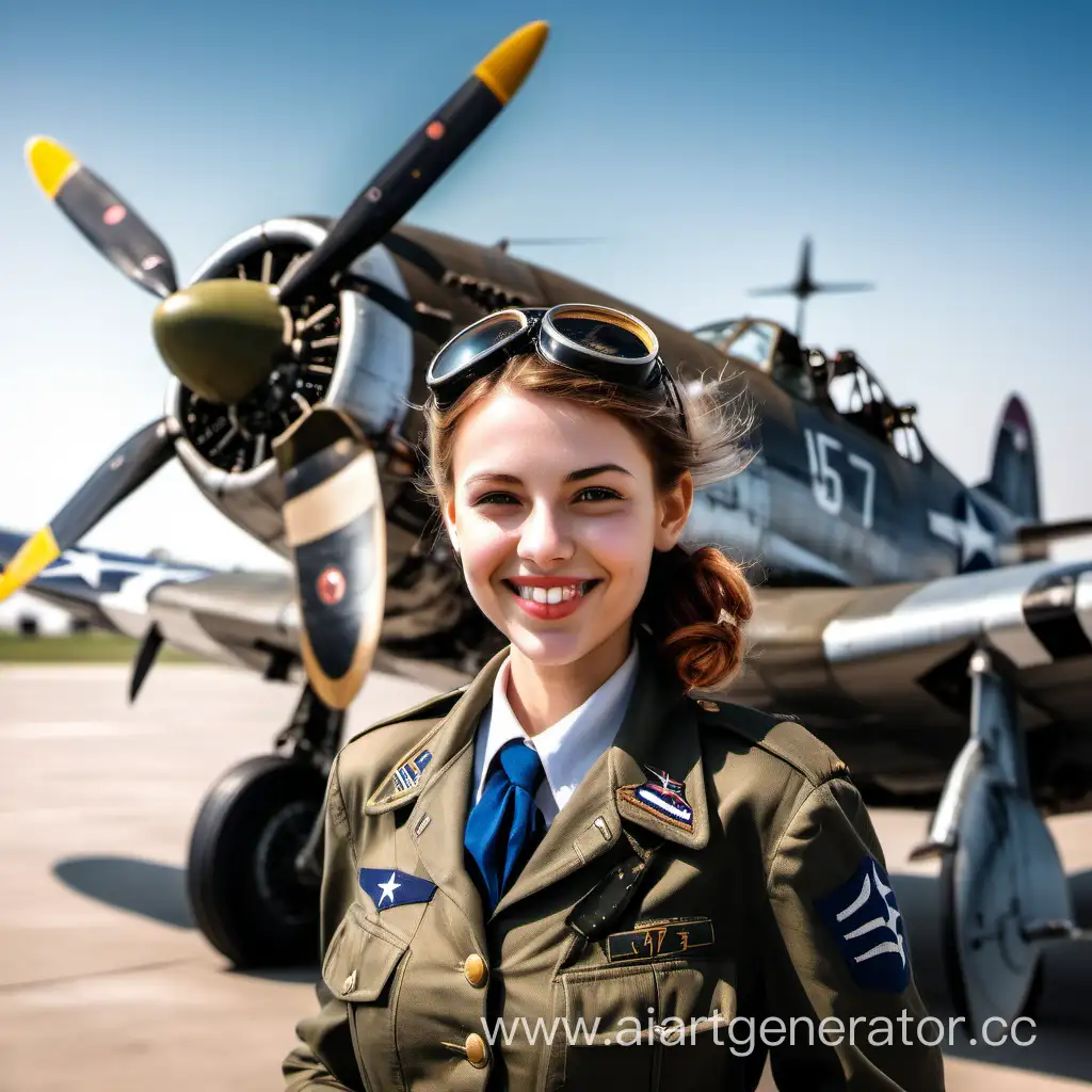 Девушка пилот улыбается на фоне истребителя P-47
