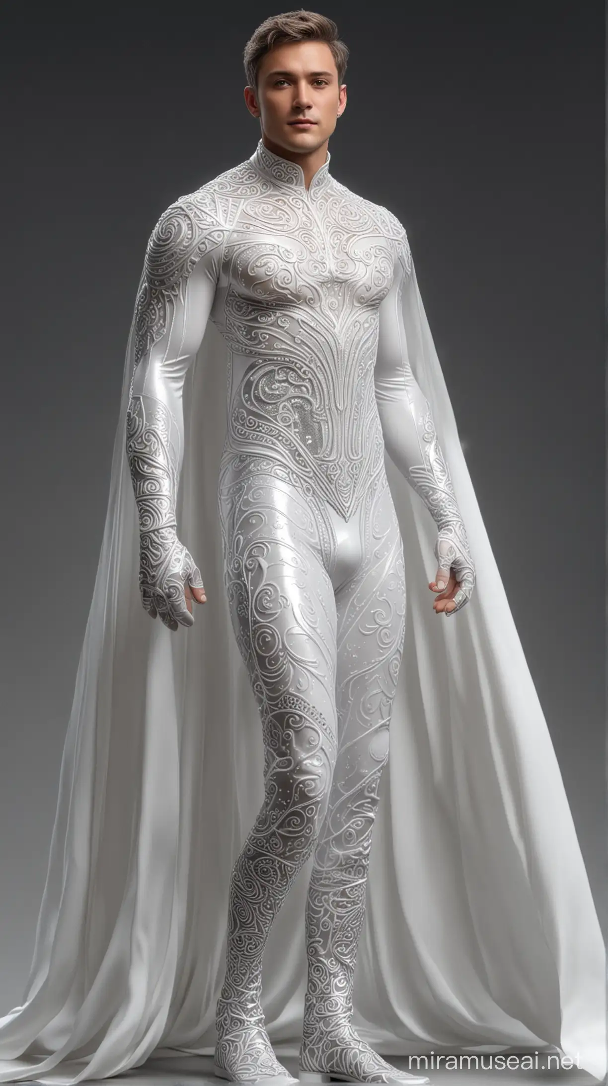  Full full body photorealistic ultra realism high definition aesthetic stabilized diffusion picture of handsome hunky fractal clean shaven  Zayne as celestial Teng, wearing white and silver waves filigree sparkling biomorphic transparent overall tight fit spandex and gloves. White cape, standing firmly,, hand on the hips.