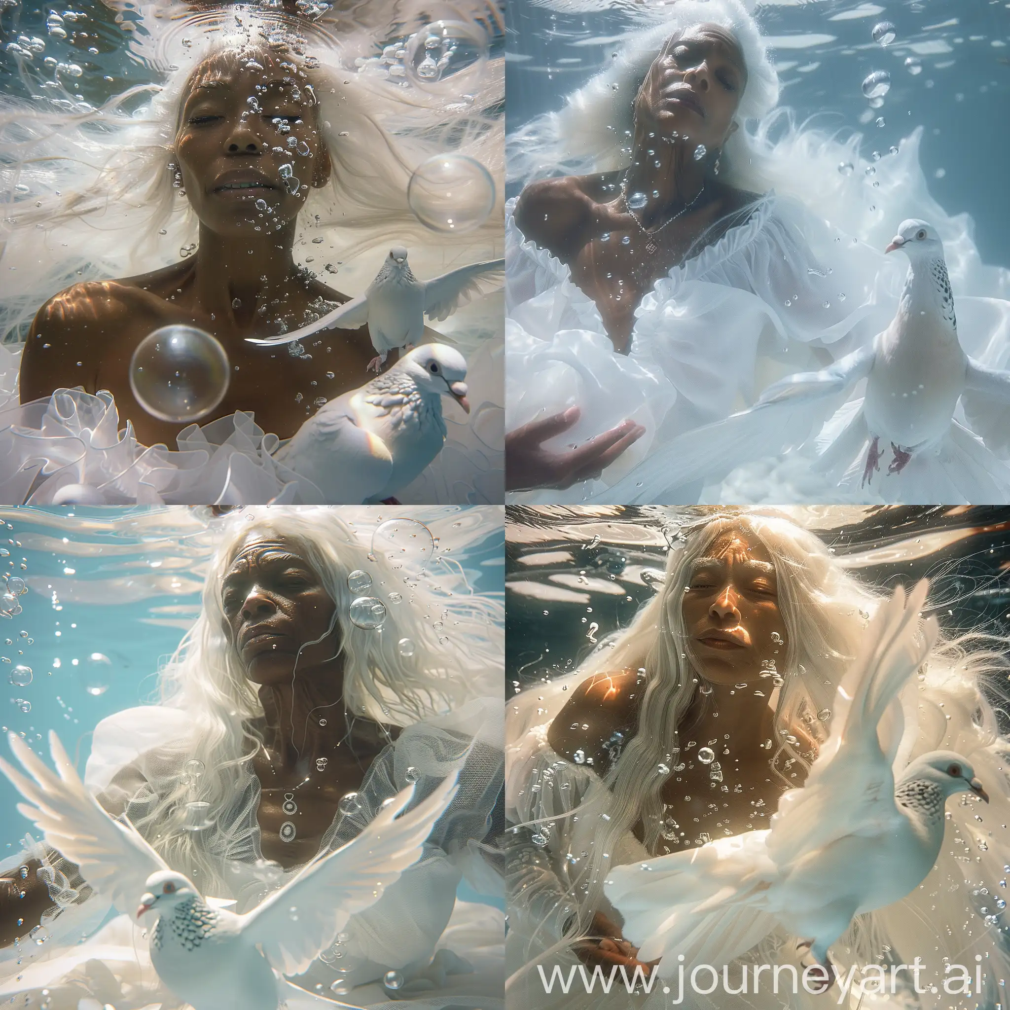 a captivating cinematic image of a beautiful 50-year-old black woman with strong emotions, long white hair, eyes closed underwater, a realistic few large bubbles, white dress, reflection of underwater light on her and on the dove, a white dove swimming near her