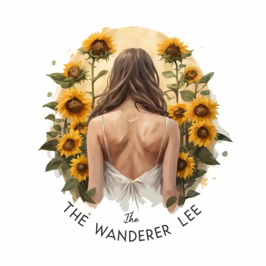 logo, Painting of the back of a beautiful girl in a sunflower field with a classy font style, with the text "The Wanderer Lee", typography, be used in Internet industry