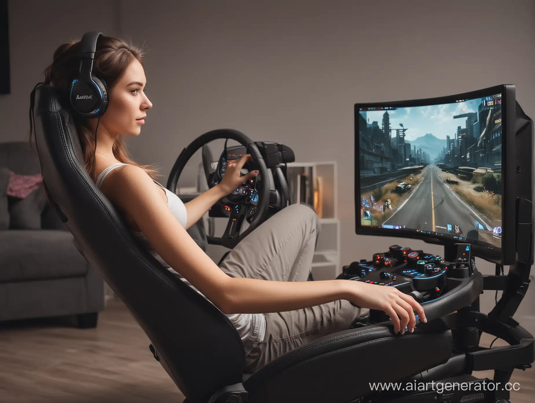 Young-Woman-Enjoying-Racing-Simulator-with-Realistic-Steering-Wheel-Setup