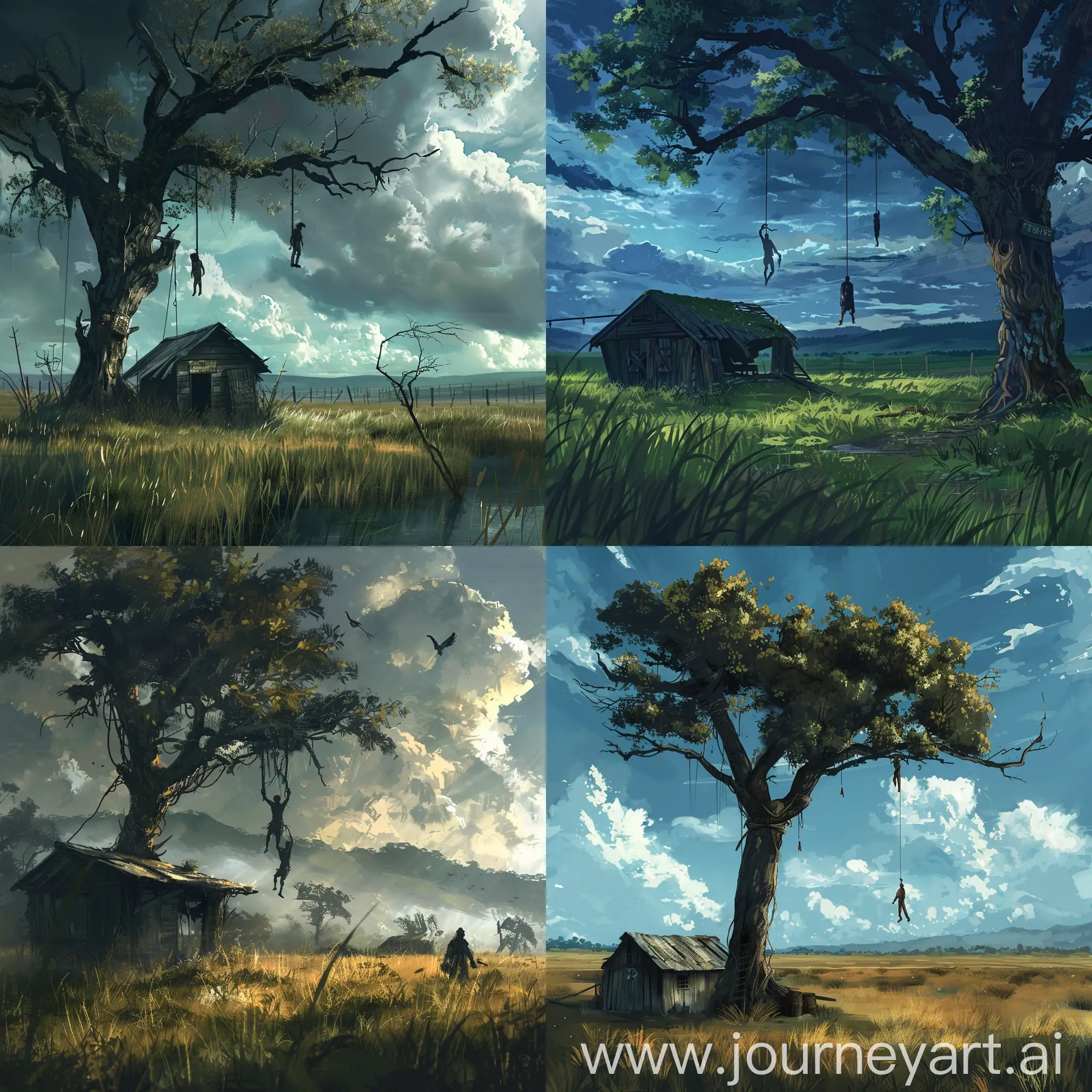 Can you make me a dark fantasy scene of grasslands with a shack and a tree with 2 people hanging from it?