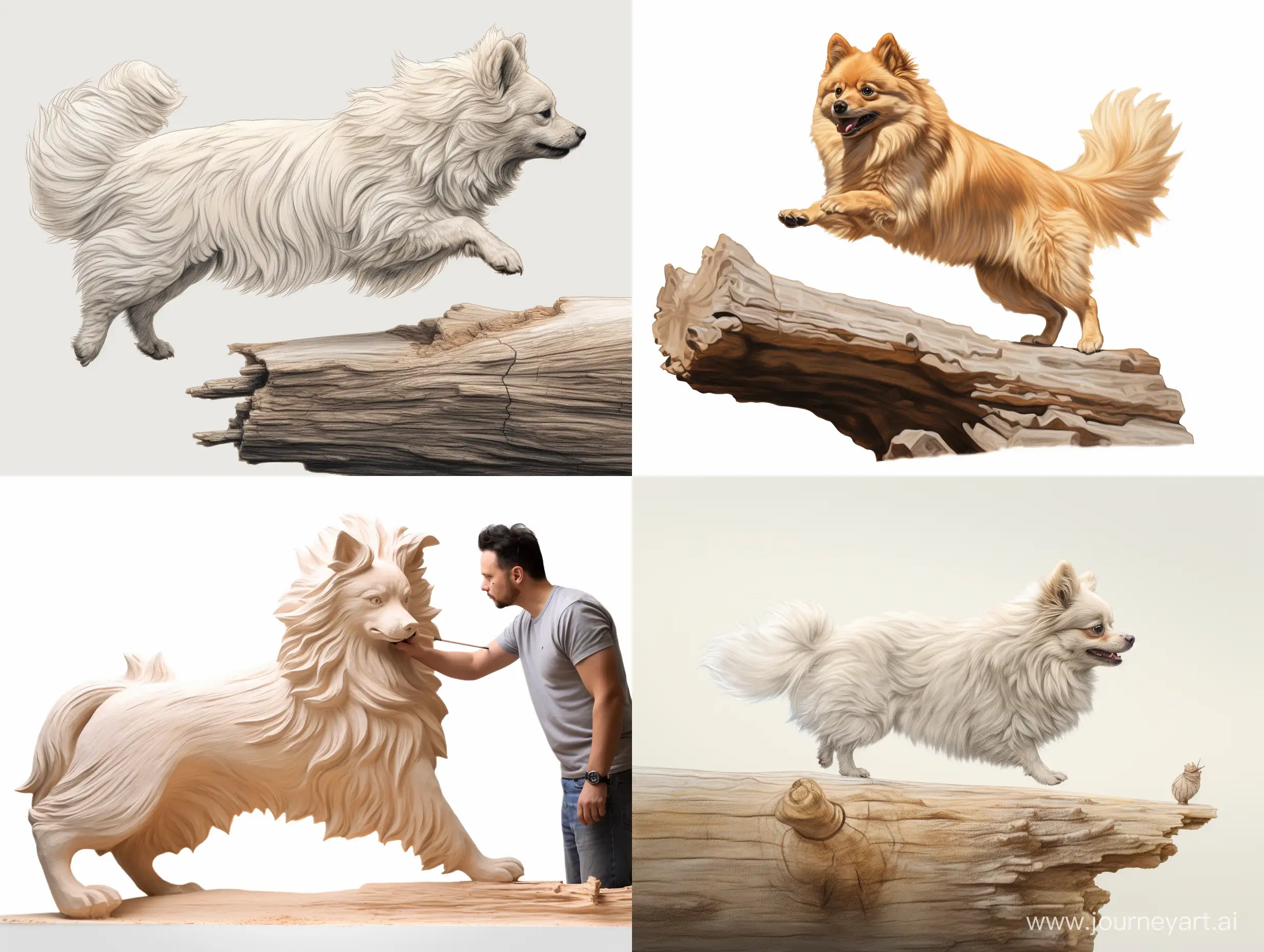 Professional sketch for wooden sculpture, a full-length Deutscher Spitz leap over a log in profile, professional dynamic character, wood carving, ready for battle 3d, white background, 8k Render, ultra realistic